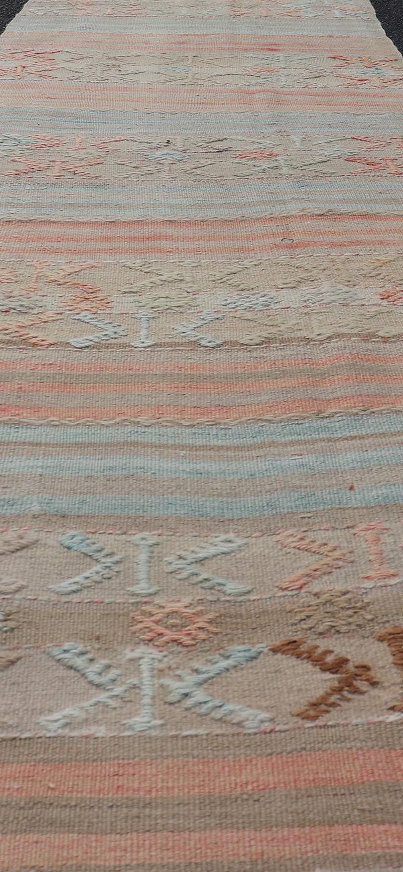 Geometric Stripe Vintage Turkish Kilim Flat-Weave Runner in Tan and Coral Color For Sale 4