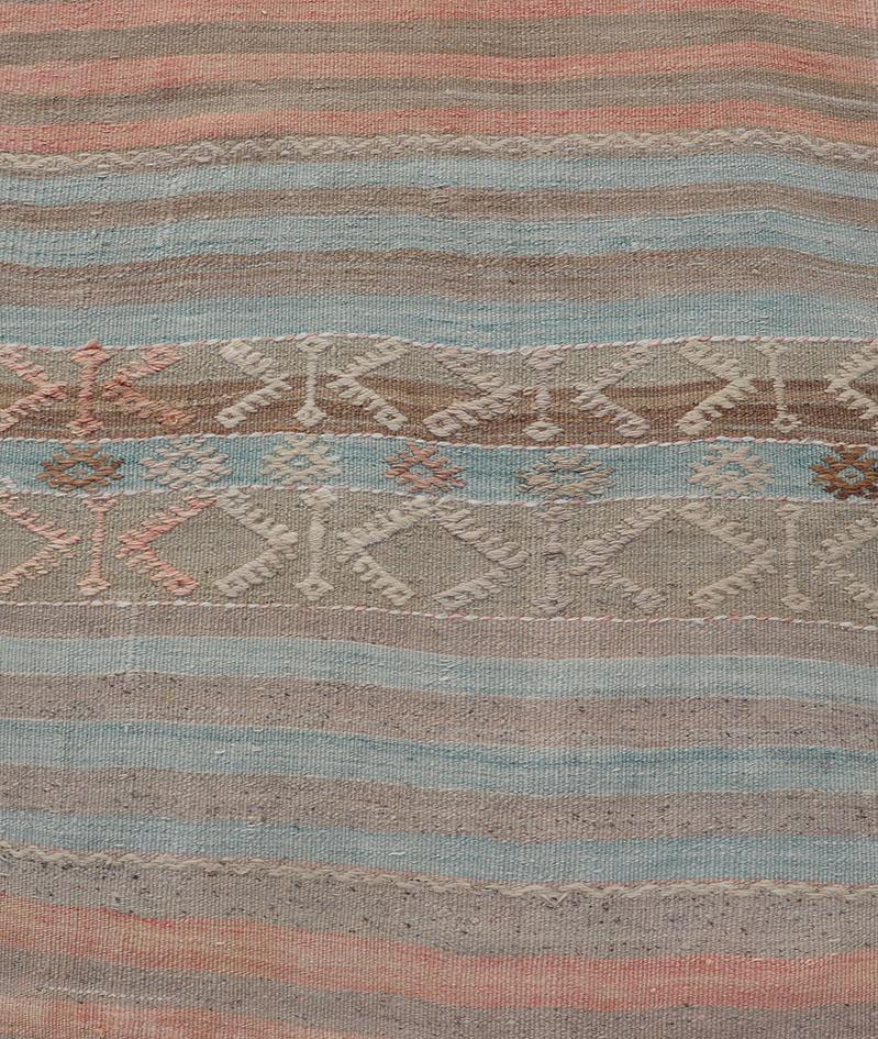 Hand-Woven Geometric Stripe Vintage Turkish Kilim Flat-Weave Runner in Tan and Coral Color For Sale
