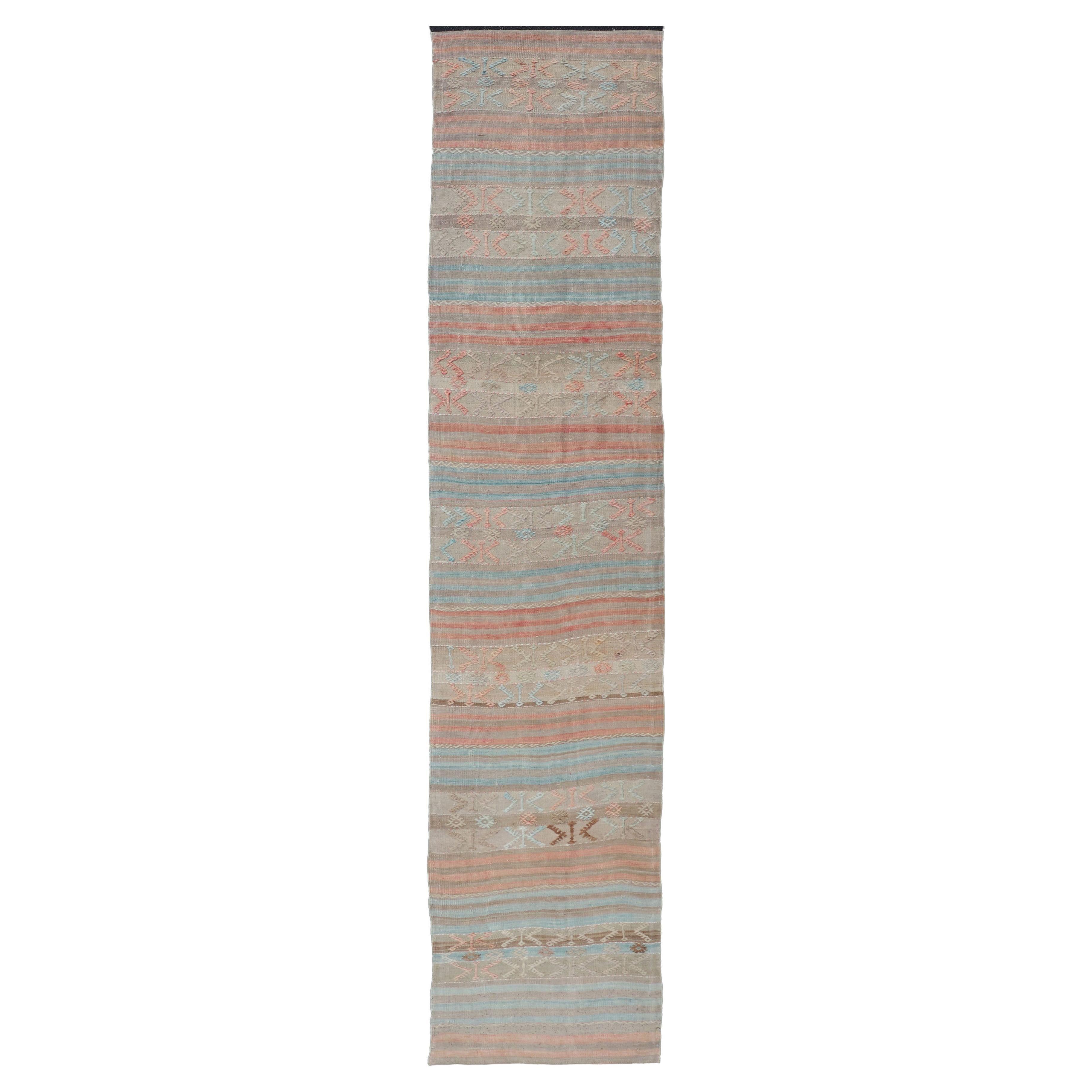 Geometric Stripe Vintage Turkish Kilim Flat-Weave Runner in Tan and Coral Color