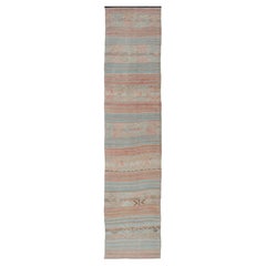 Geometric Stripe Vintage Turkish Kilim Flat-Weave Runner in Tan and Coral Color