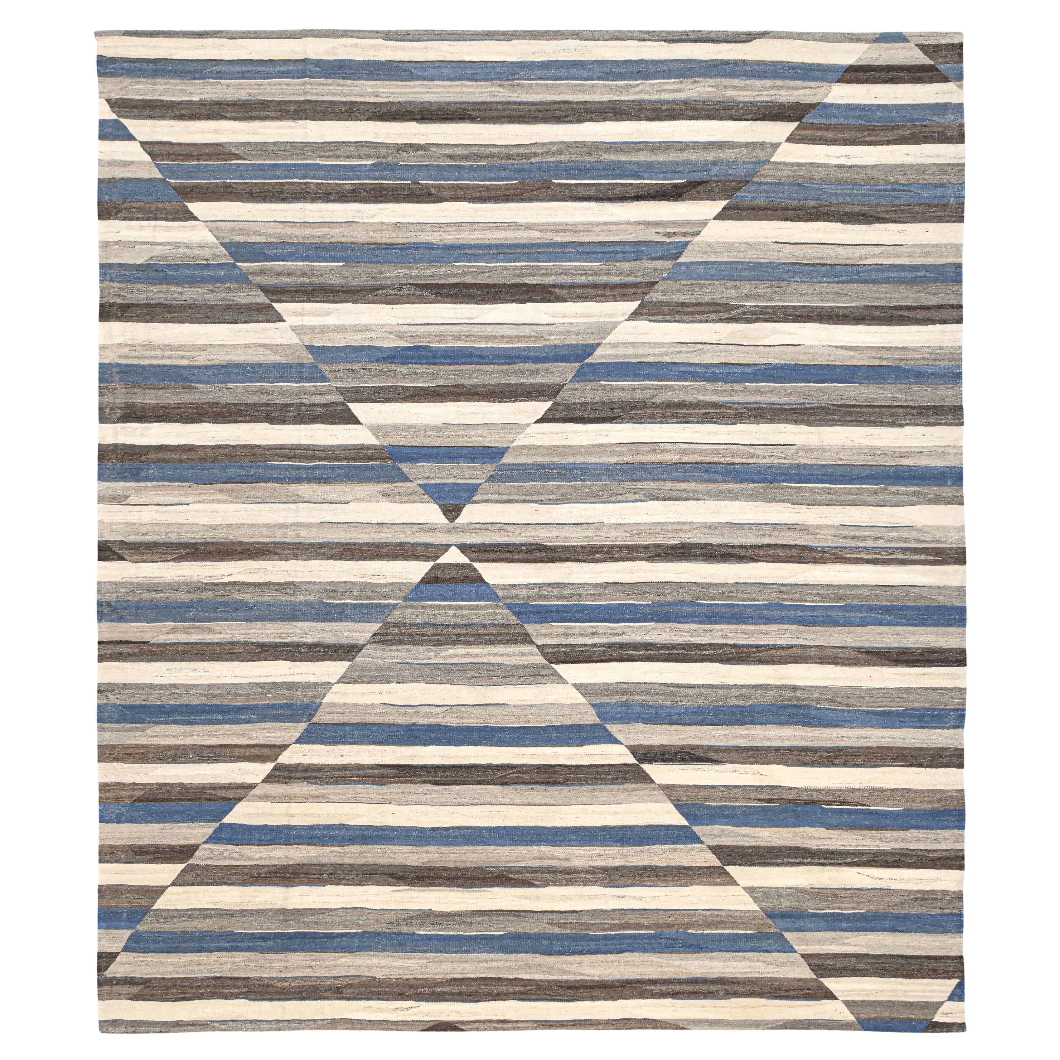 Geometric Stripped Wool Kilim Rug 13'3''x15'5''
