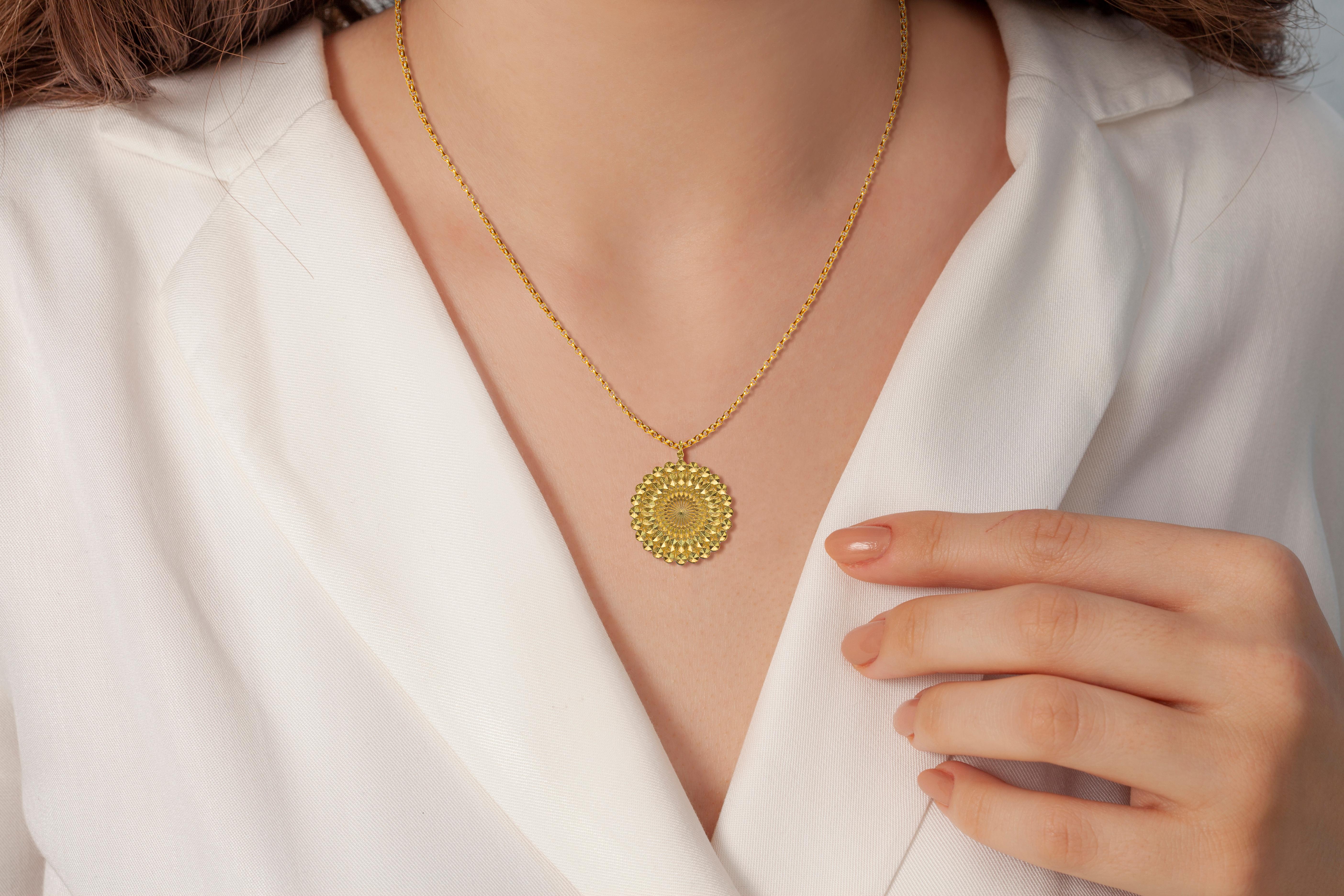 The fabulous 18K yellow gold Geometric sun pendant will brighten up your day and night. This statement pendant was inspired by Persian geometry and sun symbol which has been used in variety of cultures since ancient times and is associated with