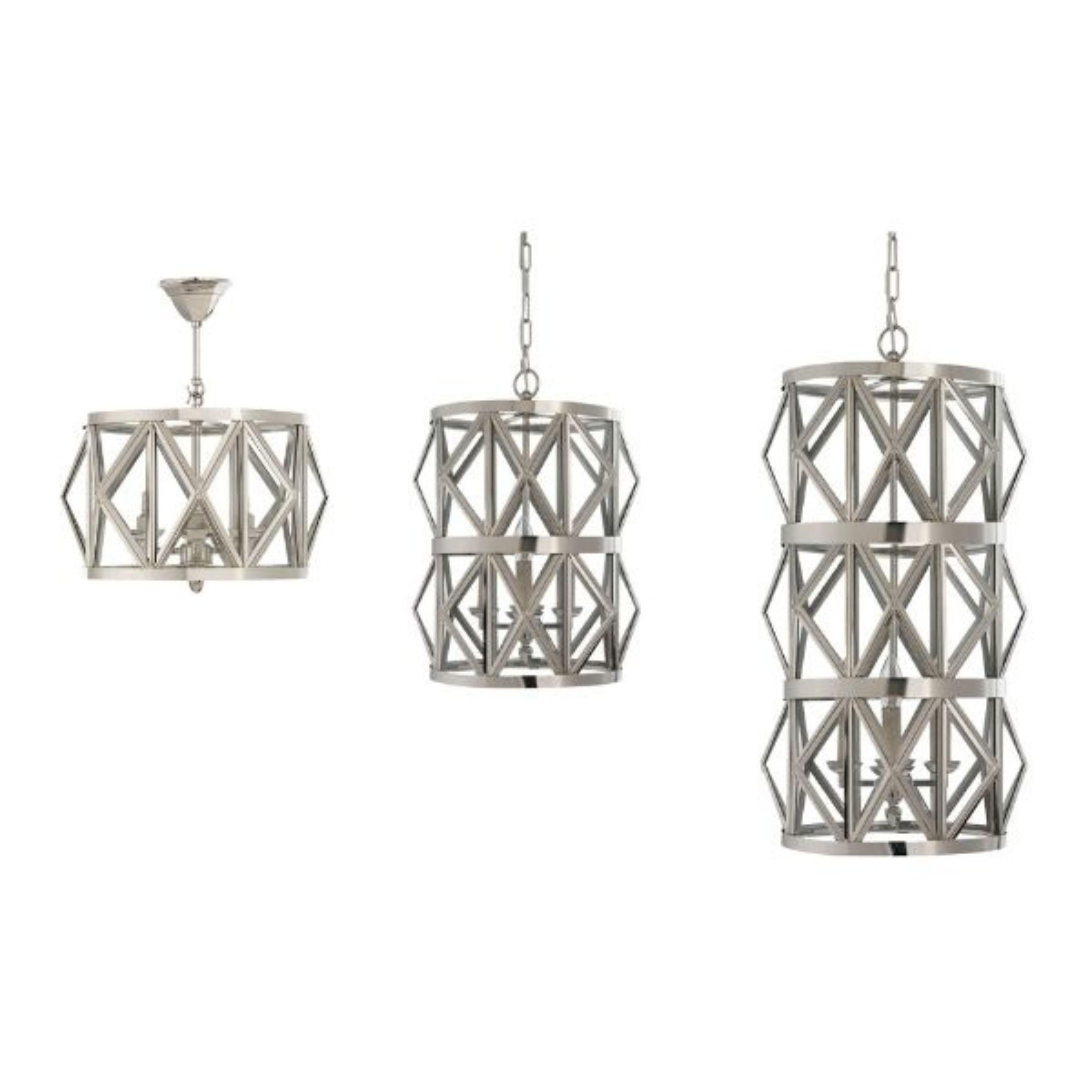 Geometrie 157 medium nickel brass chandelier belongs to the Timeless collection which includes classic and timeless lamps, the clean lines and geometries of brass and glass of this chandelier expand in height from small to large size. Modernity