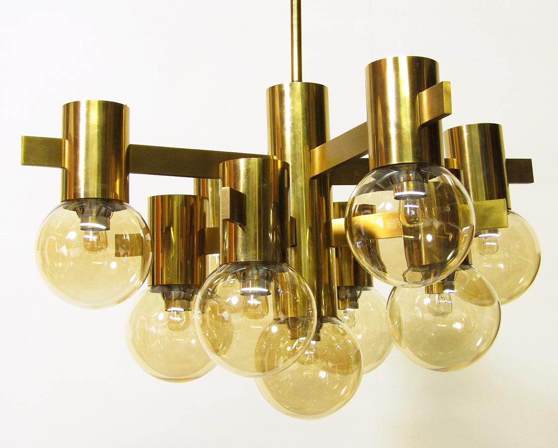 Mid-Century Modern Geometric Swedish 1970s Chandelier in Brass and Glass by Hans-Agne Jakobsson