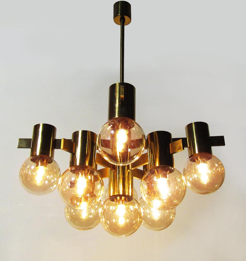 20th Century Geometric Swedish 1970s Chandelier in Brass and Glass by Hans-Agne Jakobsson For Sale