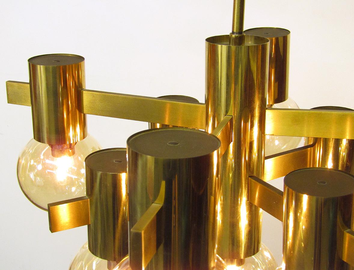 Geometric Swedish 1970s Chandelier in Brass and Glass by Hans-Agne Jakobsson 1