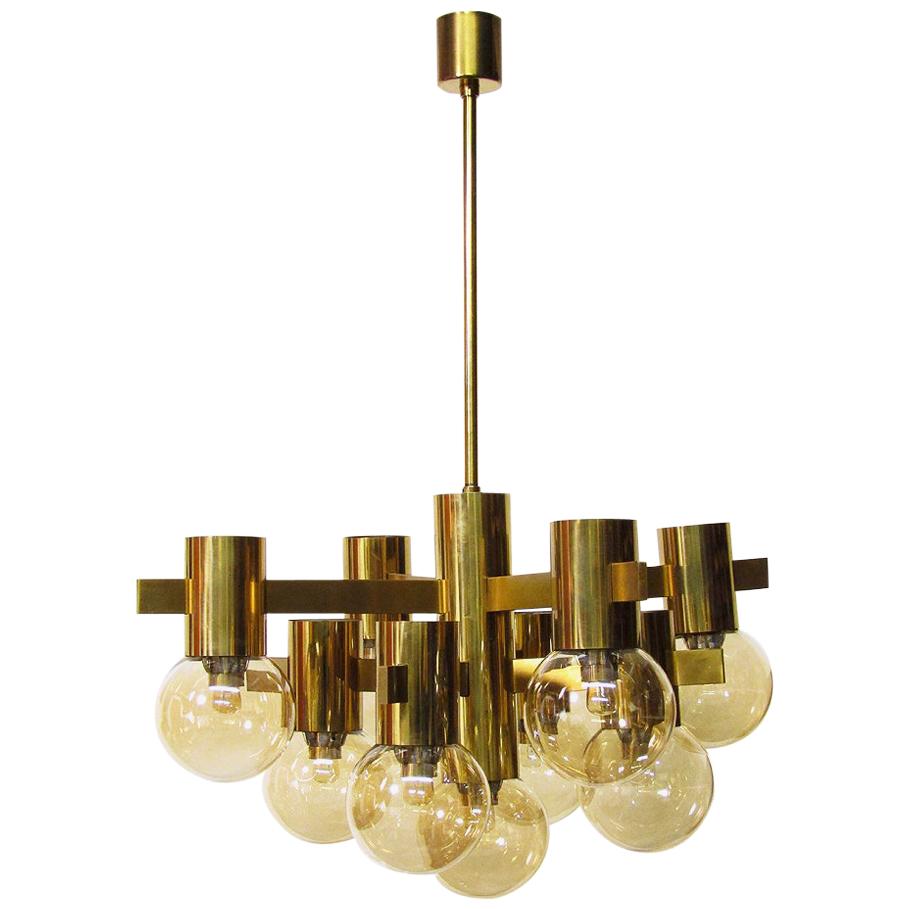 Geometric Swedish 1970s Chandelier in Brass and Glass by Hans-Agne Jakobsson For Sale