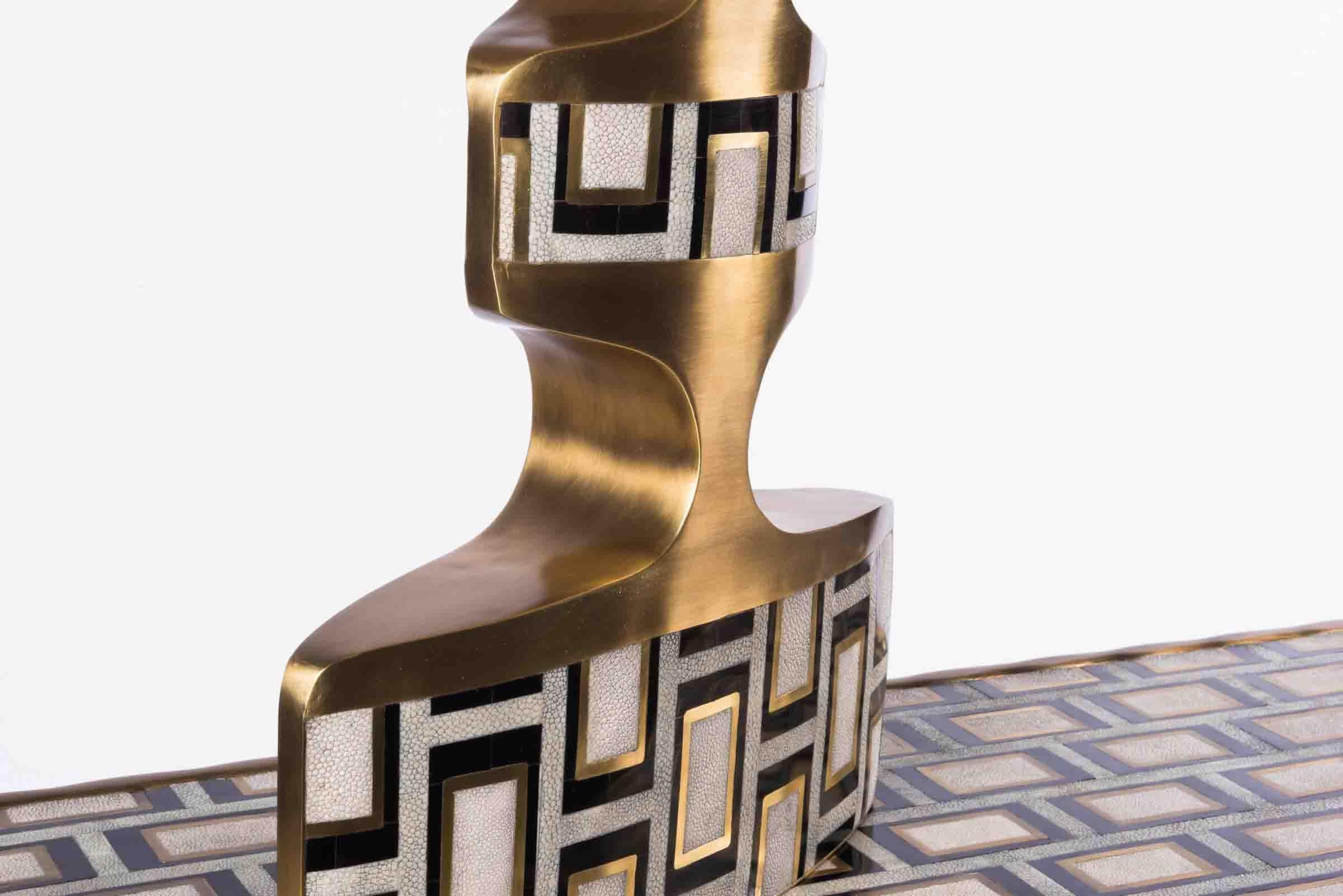 Art Deco Geometric Table Lamp in Shagreen, Shell and Bronze Patina Brass by R&Y Augousti For Sale