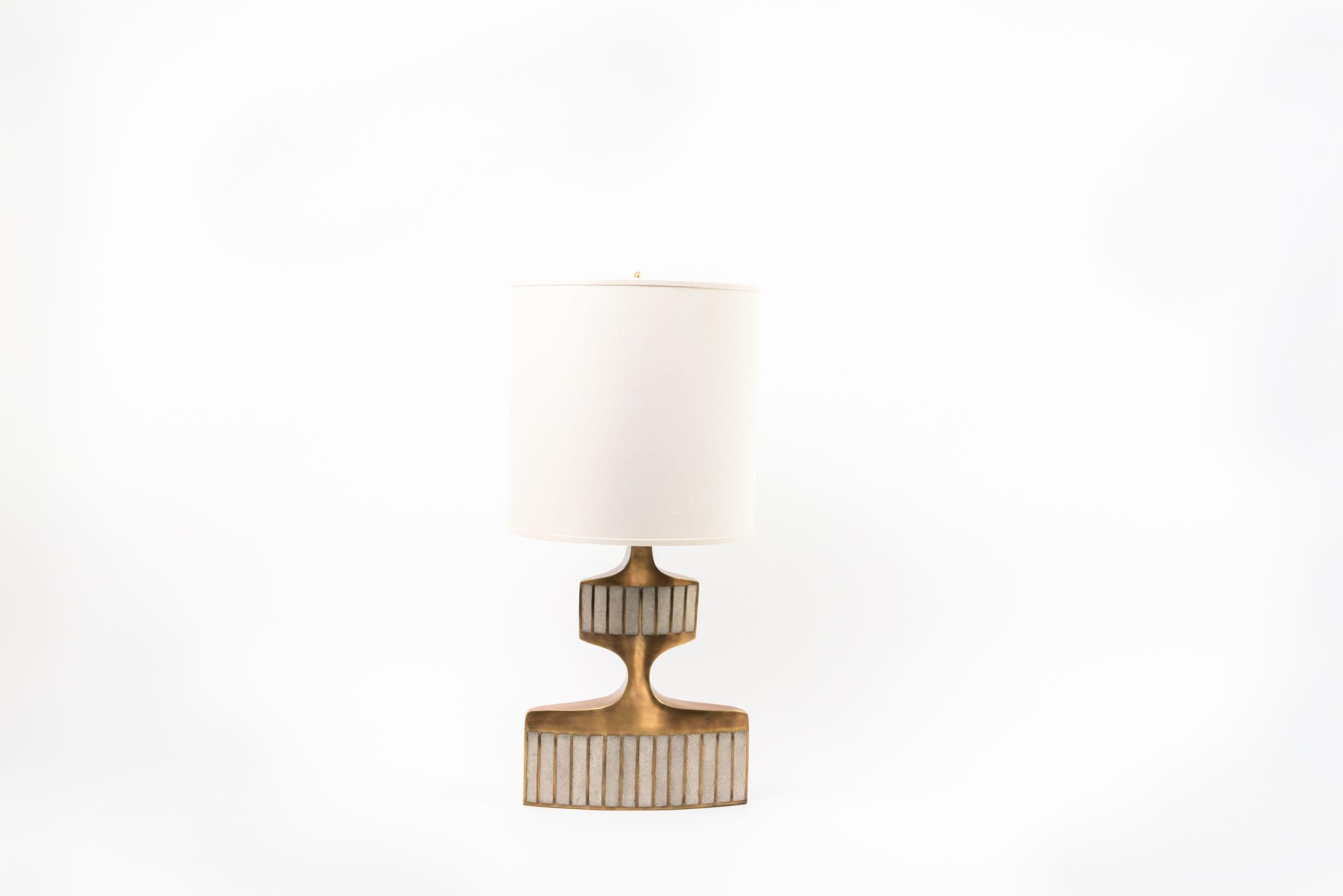 French Geometric Table Lamp in Shagreen, Shell and Bronze Patina Brass by R&Y Augousti For Sale
