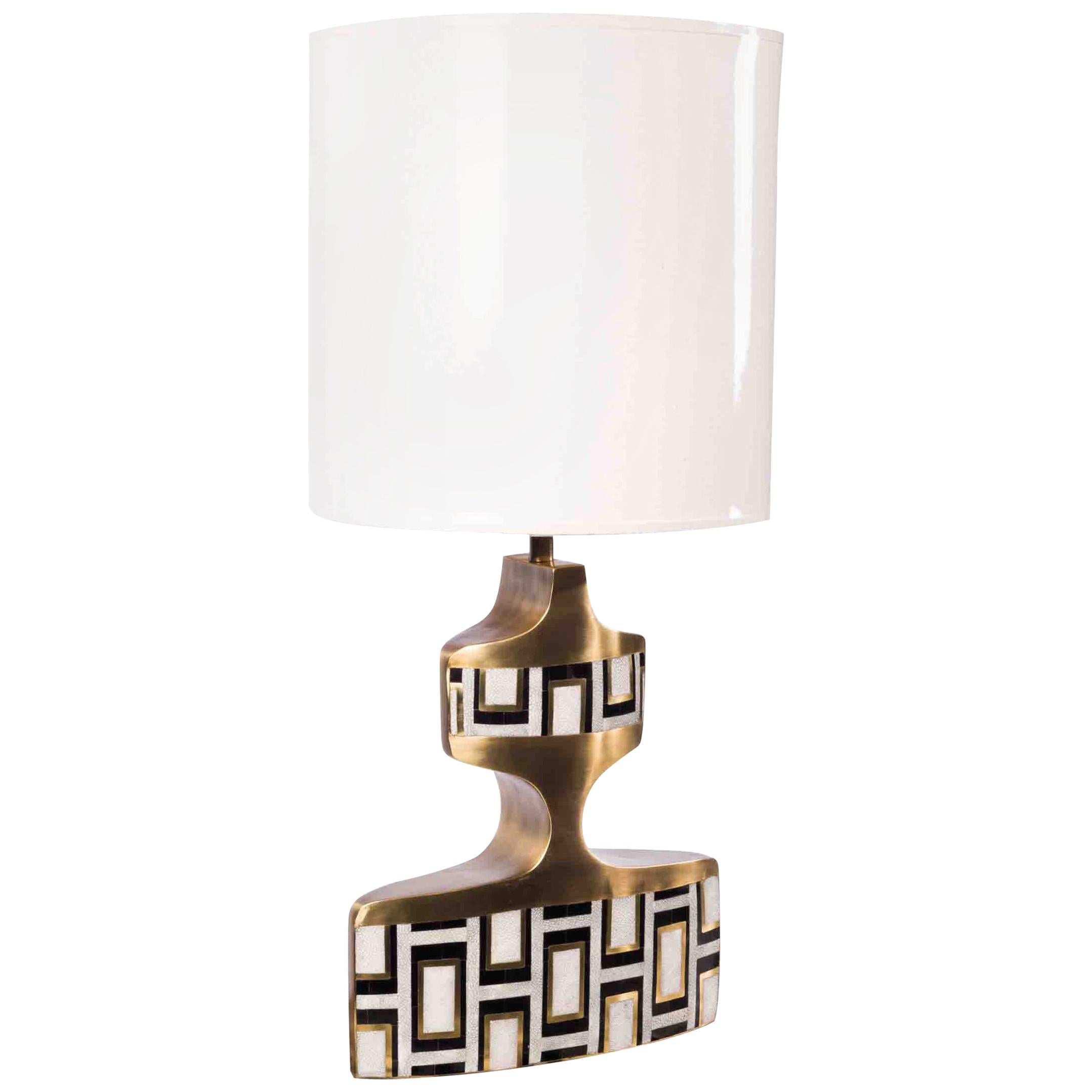 Geometric Table Lamp in Shagreen, Shell and Bronze Patina Brass by R&Y Augousti