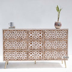 Geometric Teak Wood Inlay Chest of Drawers with Gold Legs by House of Jaipur