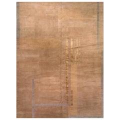 Geometric Tibetan Handmade Wool and Silk Rug in Beige and Brown