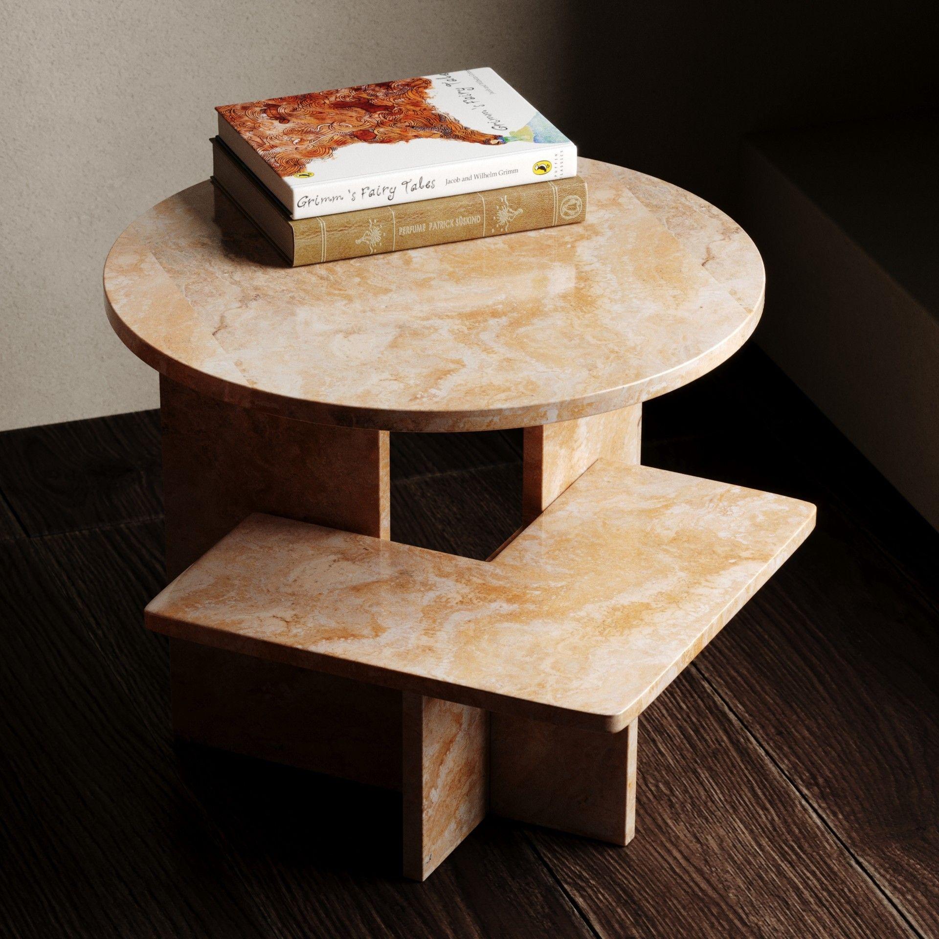 Portuguese Geometric Travertino Marble Side Table For Sale