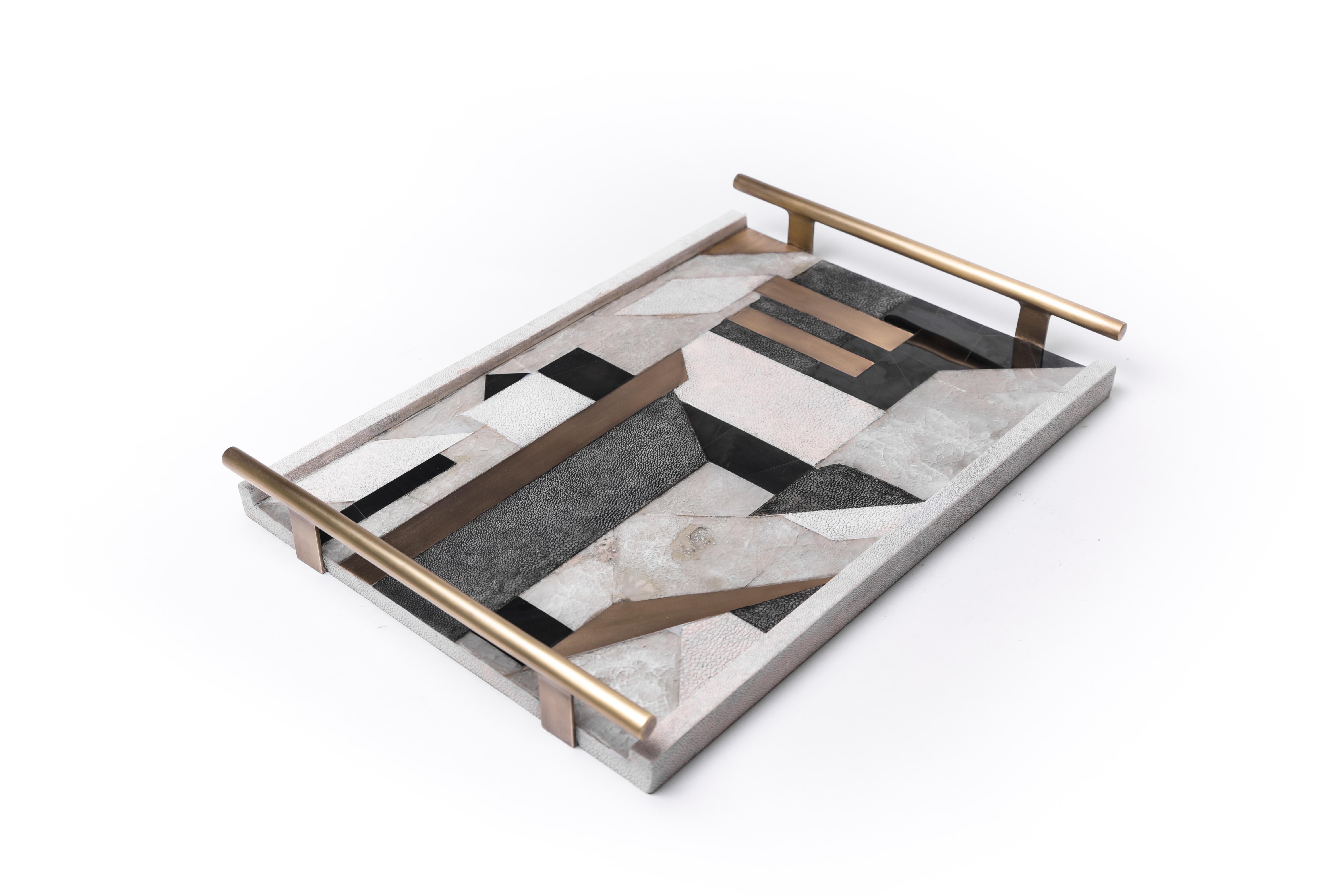 Geometric Tray in Shagreen, Shell and Bronze Patina Brass by Kifu, Paris For Sale 2