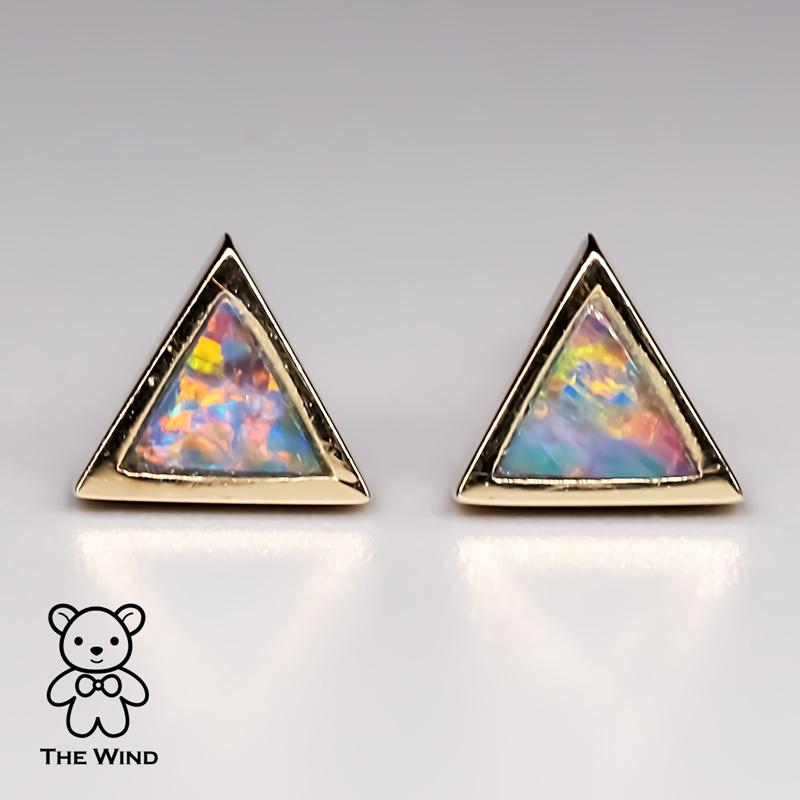 Geometric Triangle Shaped Australian Doublet Opal Stud Earrings 14K Yellow Gold In New Condition For Sale In Suwanee, GA