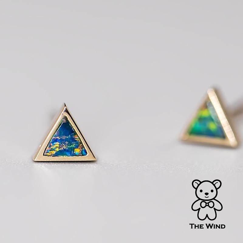 Women's or Men's Geometric Triangle Shaped Australian Doublet Opal Stud Earrings 14K Yellow Gold For Sale