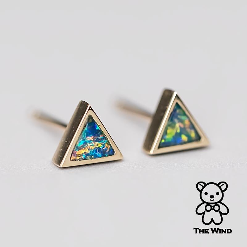 Geometric Triangle Shaped Australian Doublet Opal Stud Earrings 14K Yellow Gold For Sale 1