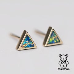 Minimalist Triangle Australian Doublet Opal Stud Earrings 14K Yellow Gold