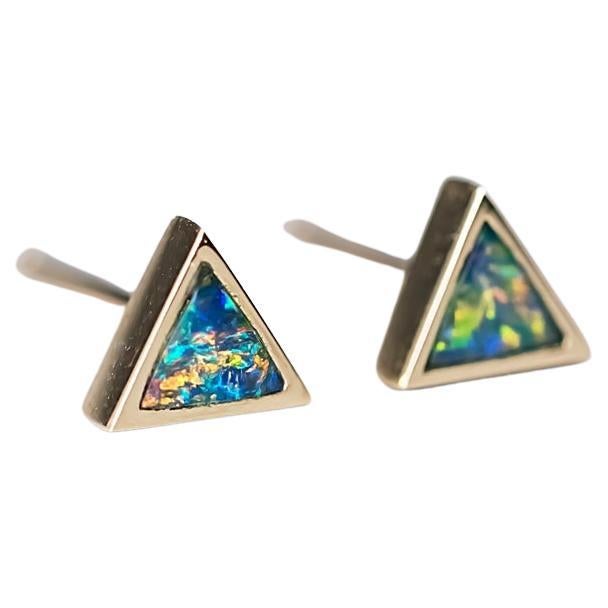 Geometric Triangle Shaped Australian Doublet Opal Stud Earrings 14K Yellow Gold For Sale