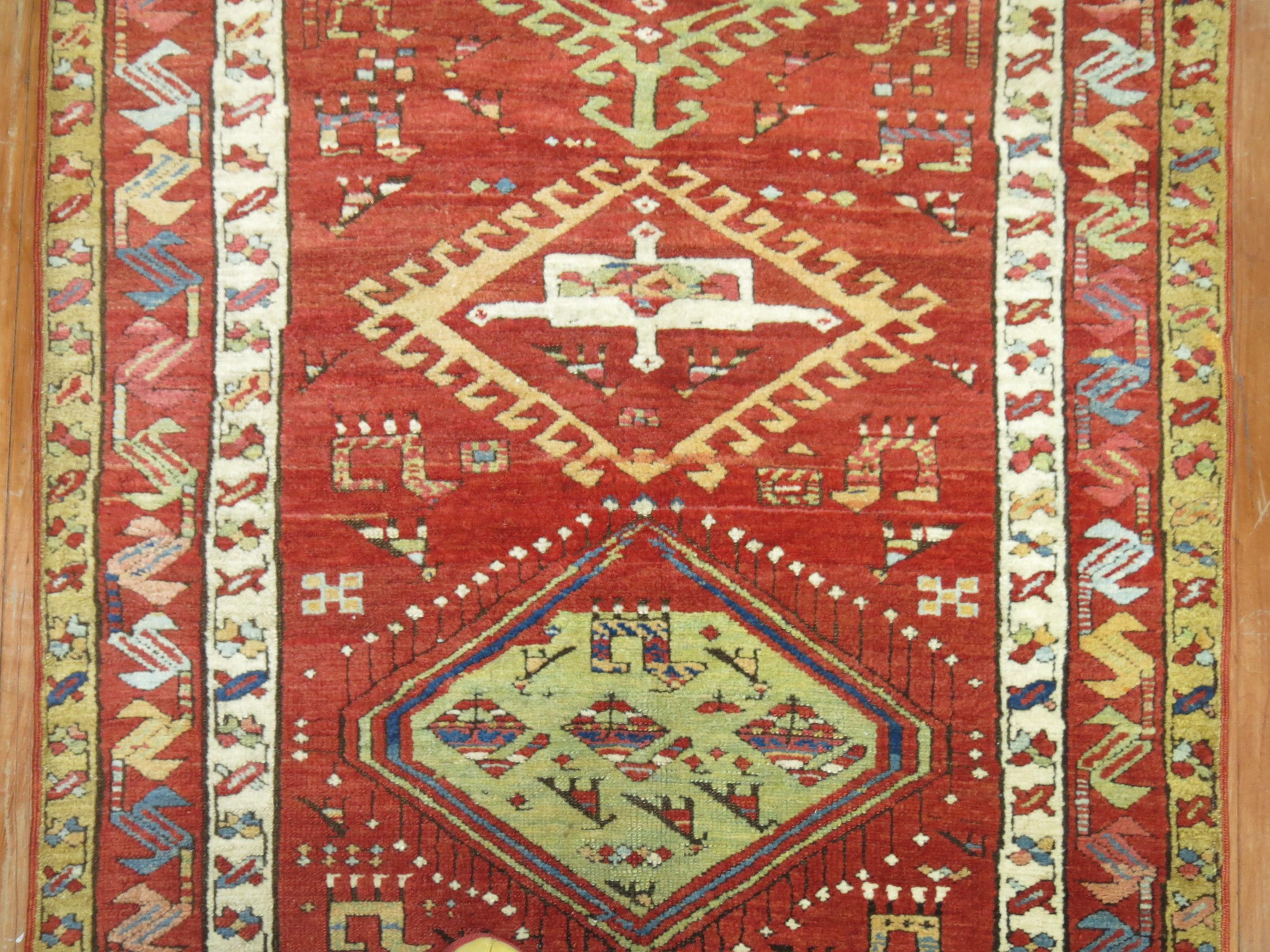 Kazak Geometric Tribal Antique Early 20th Century Runner from Northwest Persia For Sale
