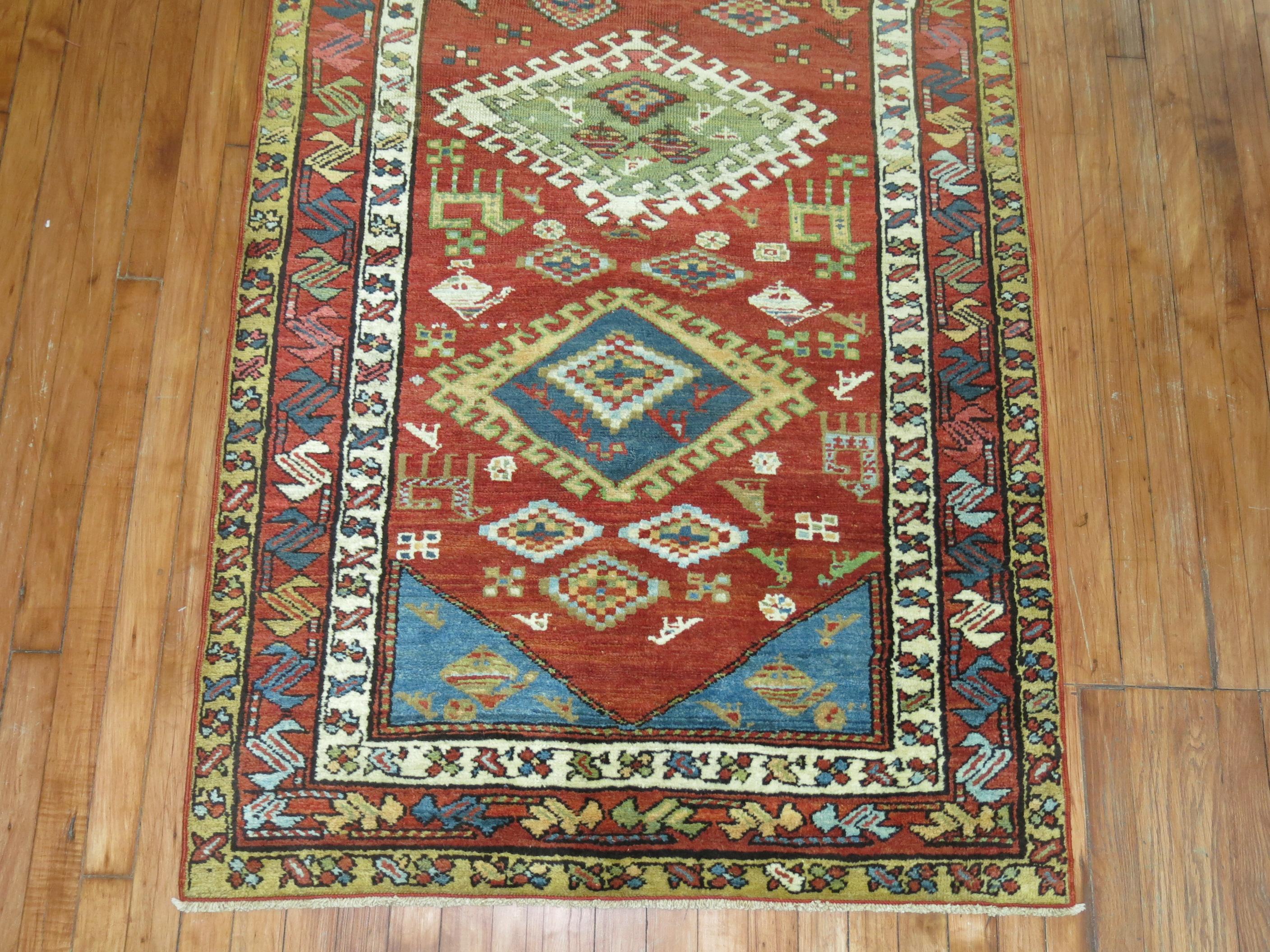 Hand-Woven Geometric Tribal Antique Early 20th Century Runner from Northwest Persia For Sale