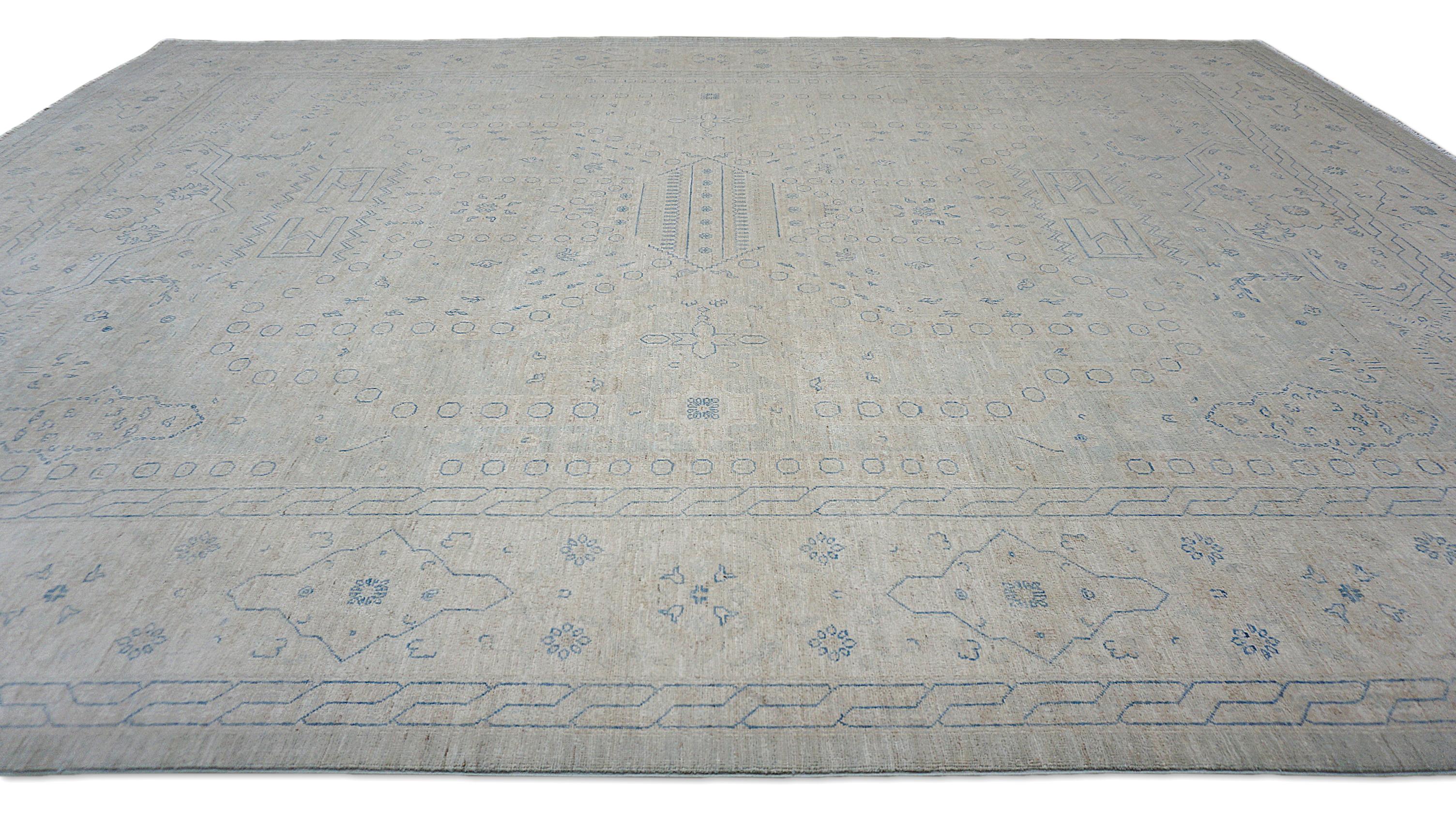 Alfombra Geométrica de Diseño Tribal en Suave Beige y Azul Claro 8'11''x11'8'' Neoclásico en venta