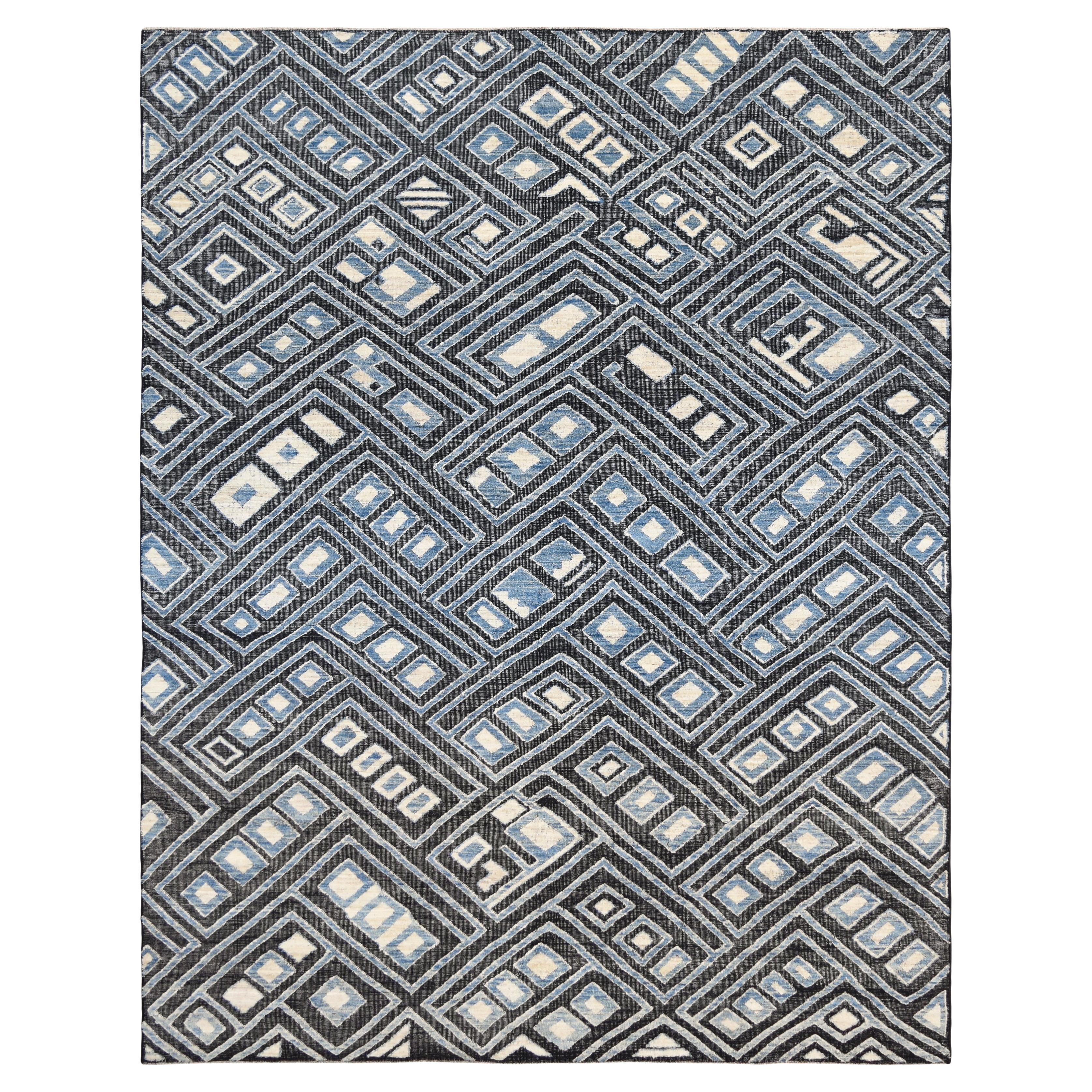 Tappeto Geometrico Tribale Moderno in Lana Blu, Avorio e Carboncino 9'3''x12' in vendita