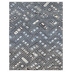 Geometric Tribal Modern Blue, Ivory, and Charcoal Wool Rug 9'3''x12'