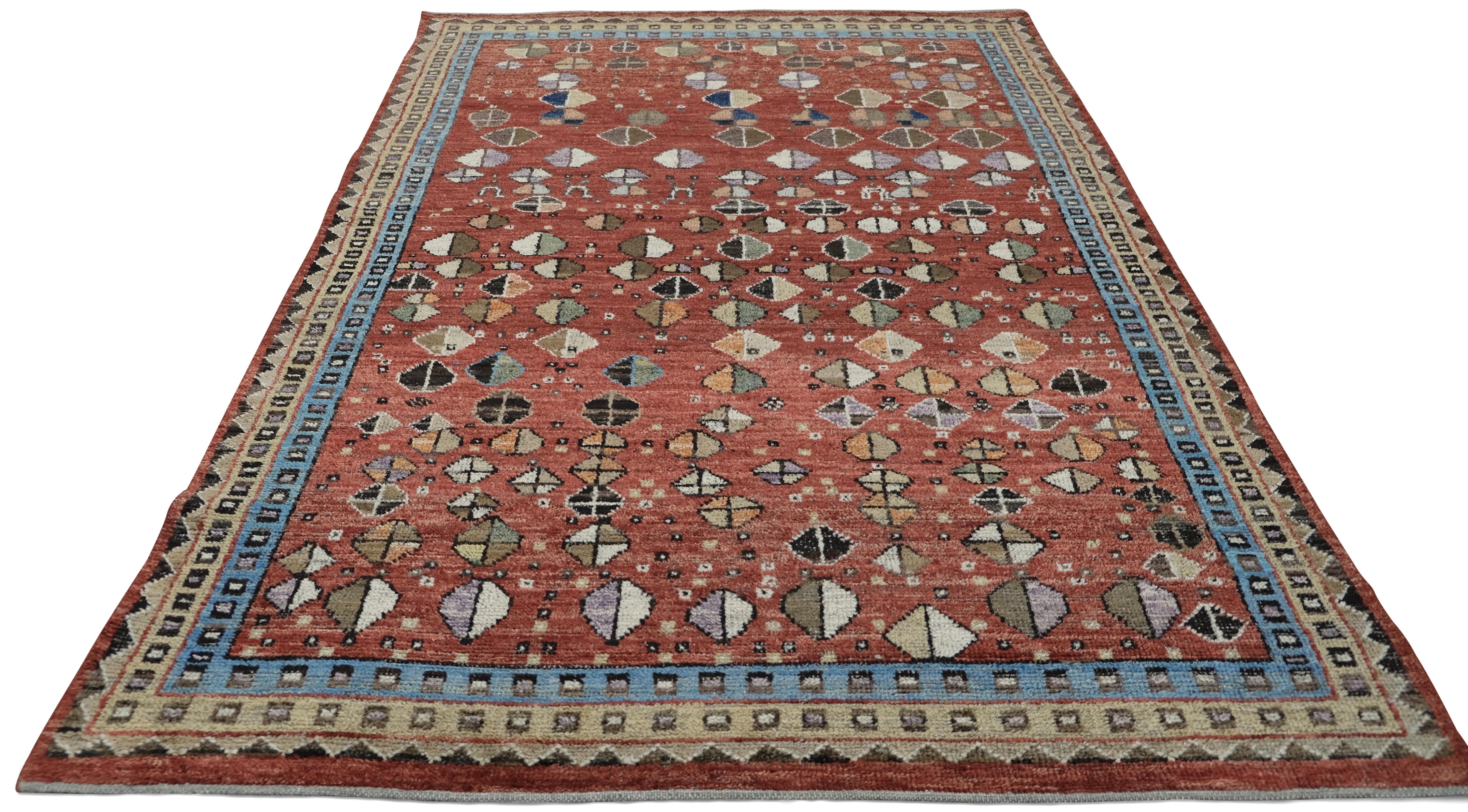 Geometrischer Teppich mit Stammesmuster und raffinierten ästhetischen blauen und roten Wollteppichen 5'9''x9'' (Arts and Crafts) im Angebot
