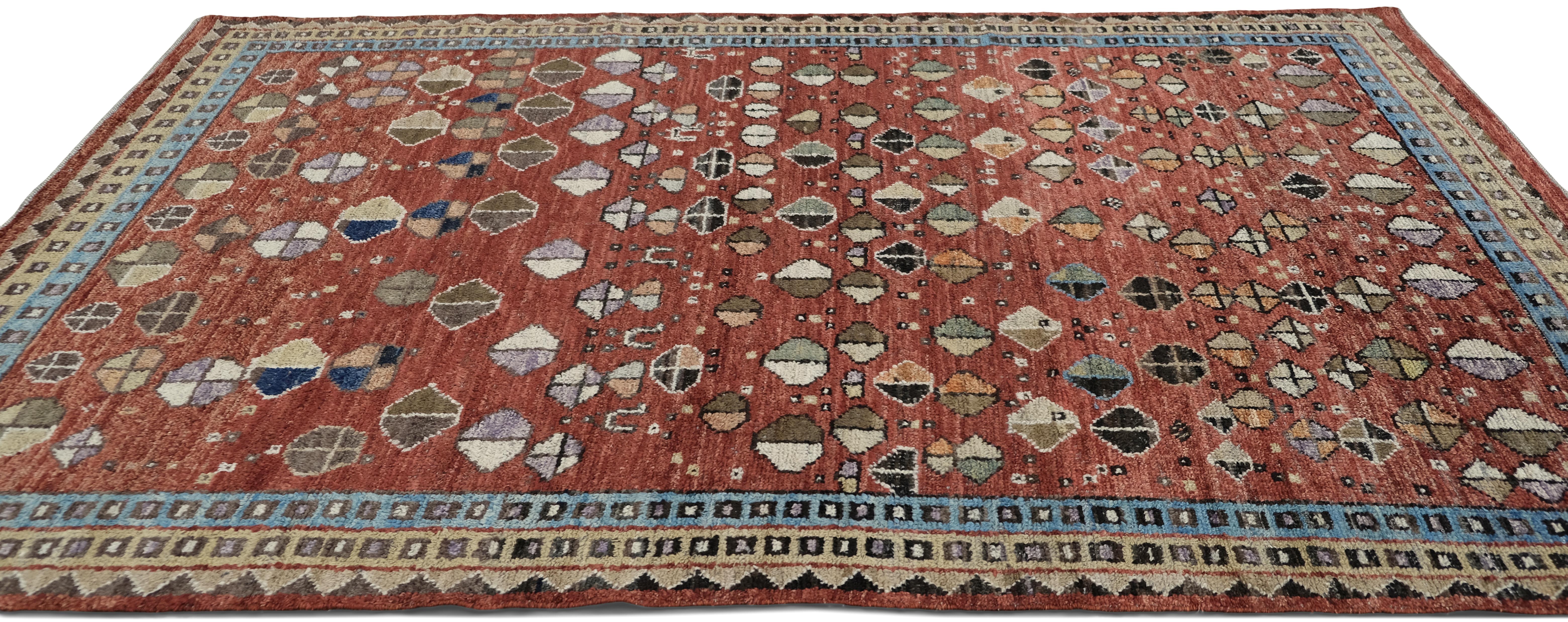 Geometrischer Teppich mit Stammesmuster und raffinierten ästhetischen blauen und roten Wollteppichen 5'9''x9'' (Afghanisch) im Angebot