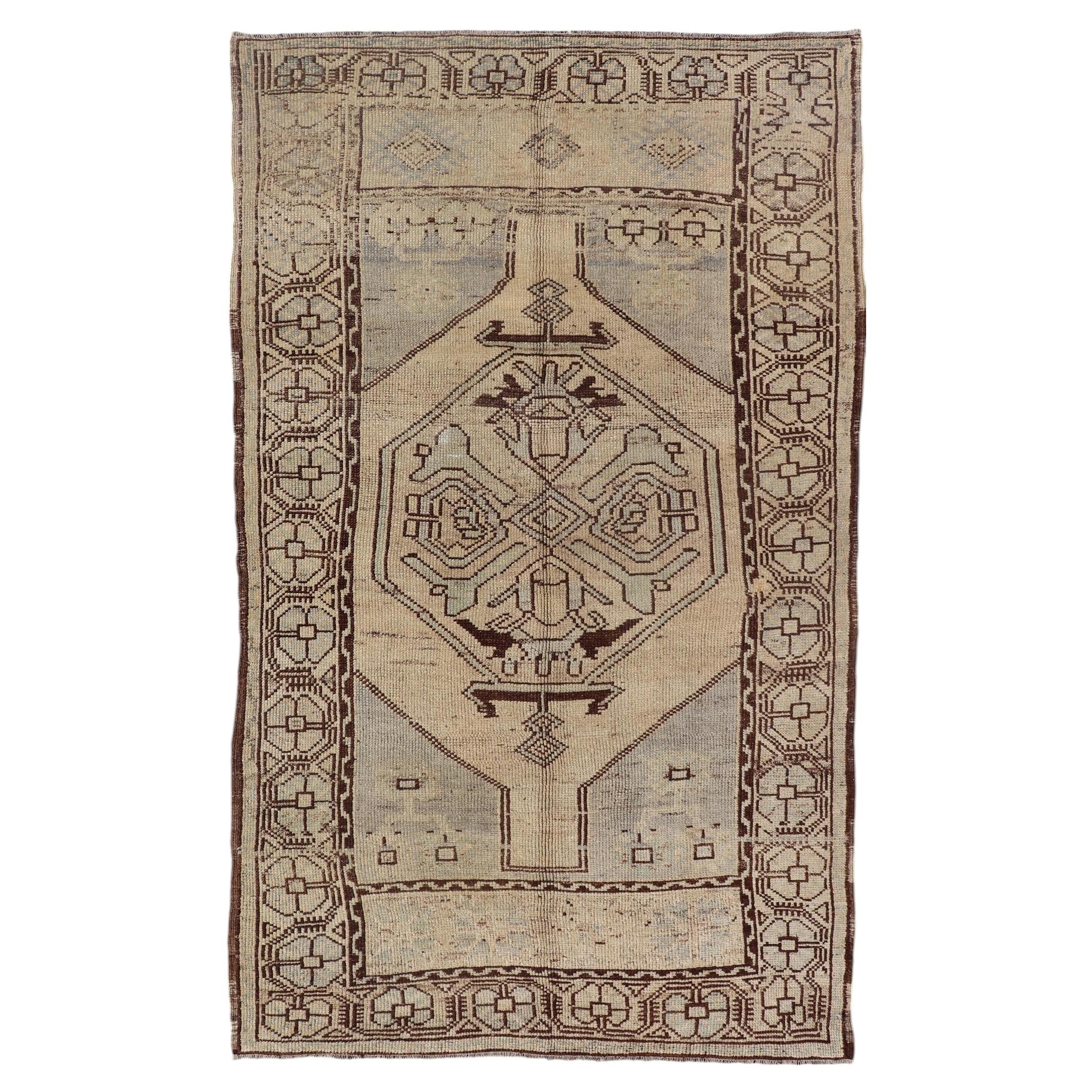Geometric Tribal Vintage Turkish Oushak Rug in Brown, Cream, Light Blue and Tan