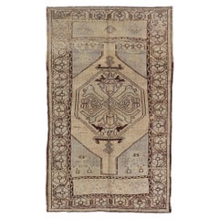 Geometric Tribal Vintage Turkish Oushak Rug in Brown, Cream, Light Blue and Tan