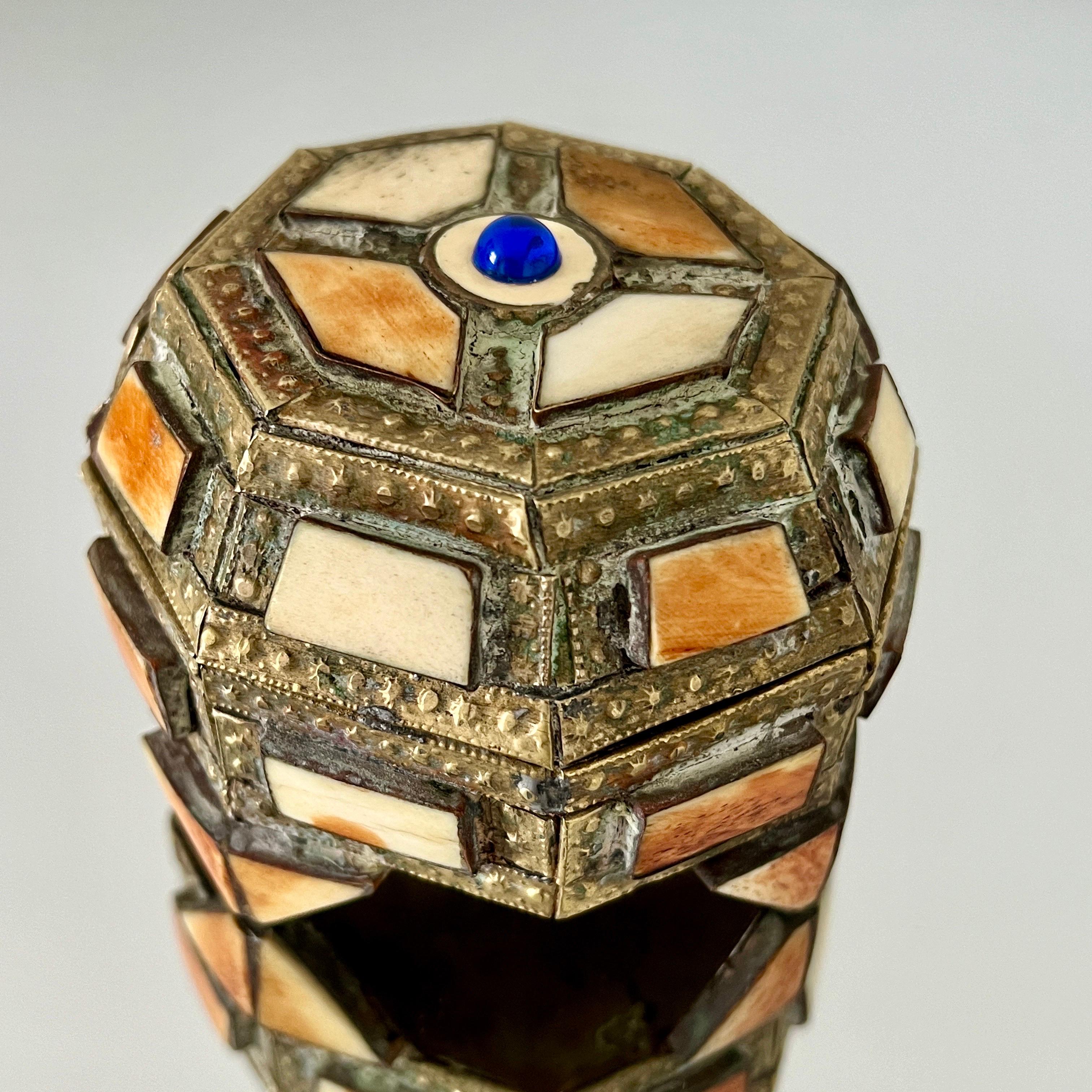 Geometric Trinket Box in Brass with Bone Inlay, Handcrafted in Morocco, 1970's 3