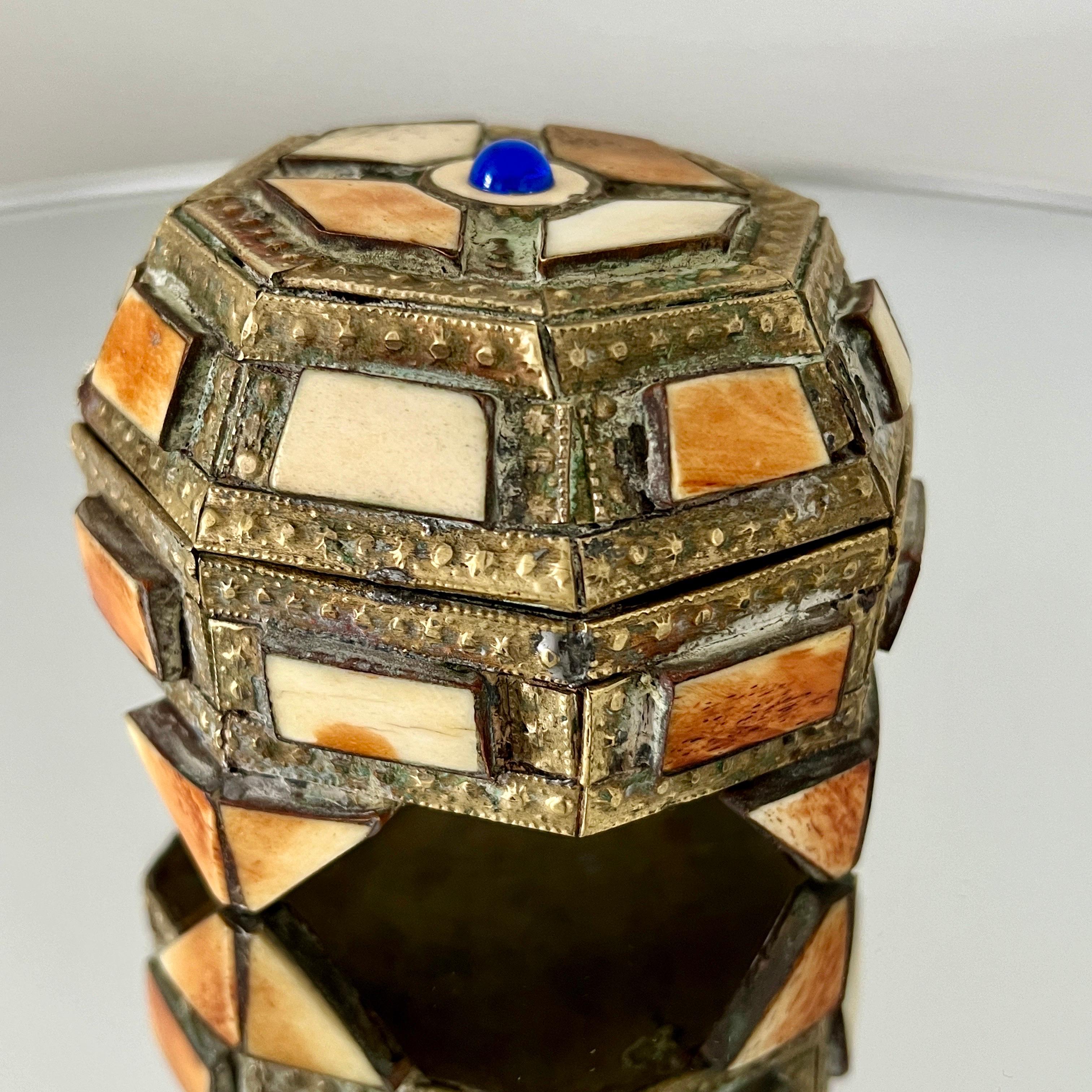 Moorish Geometric Trinket Box in Brass with Bone Inlay, Handcrafted in Morocco, 1970's For Sale