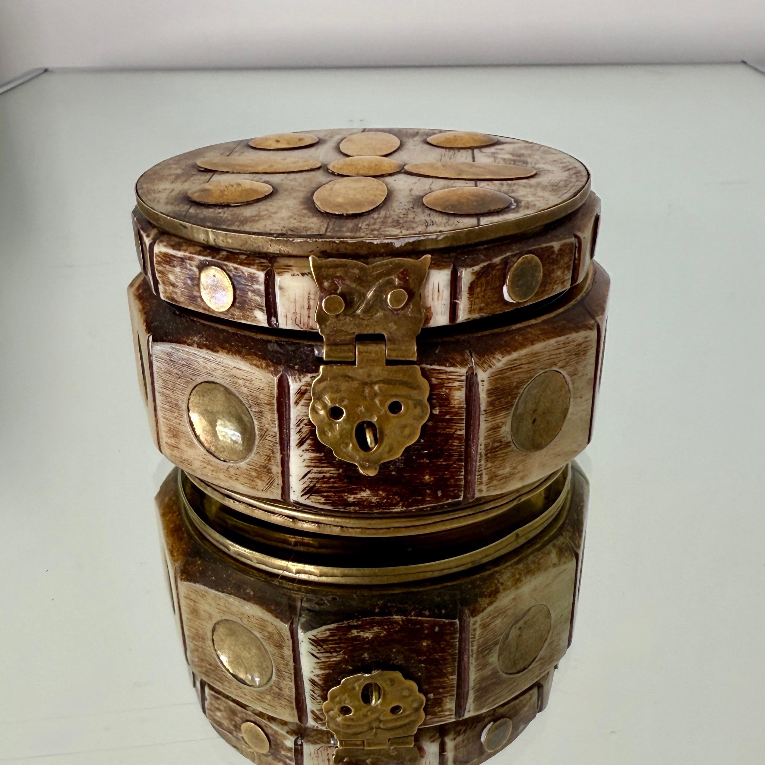 Moorish Geometric Trinket Box in Brass with Bone Inlay, Handcrafted in Morocco, 1970's For Sale