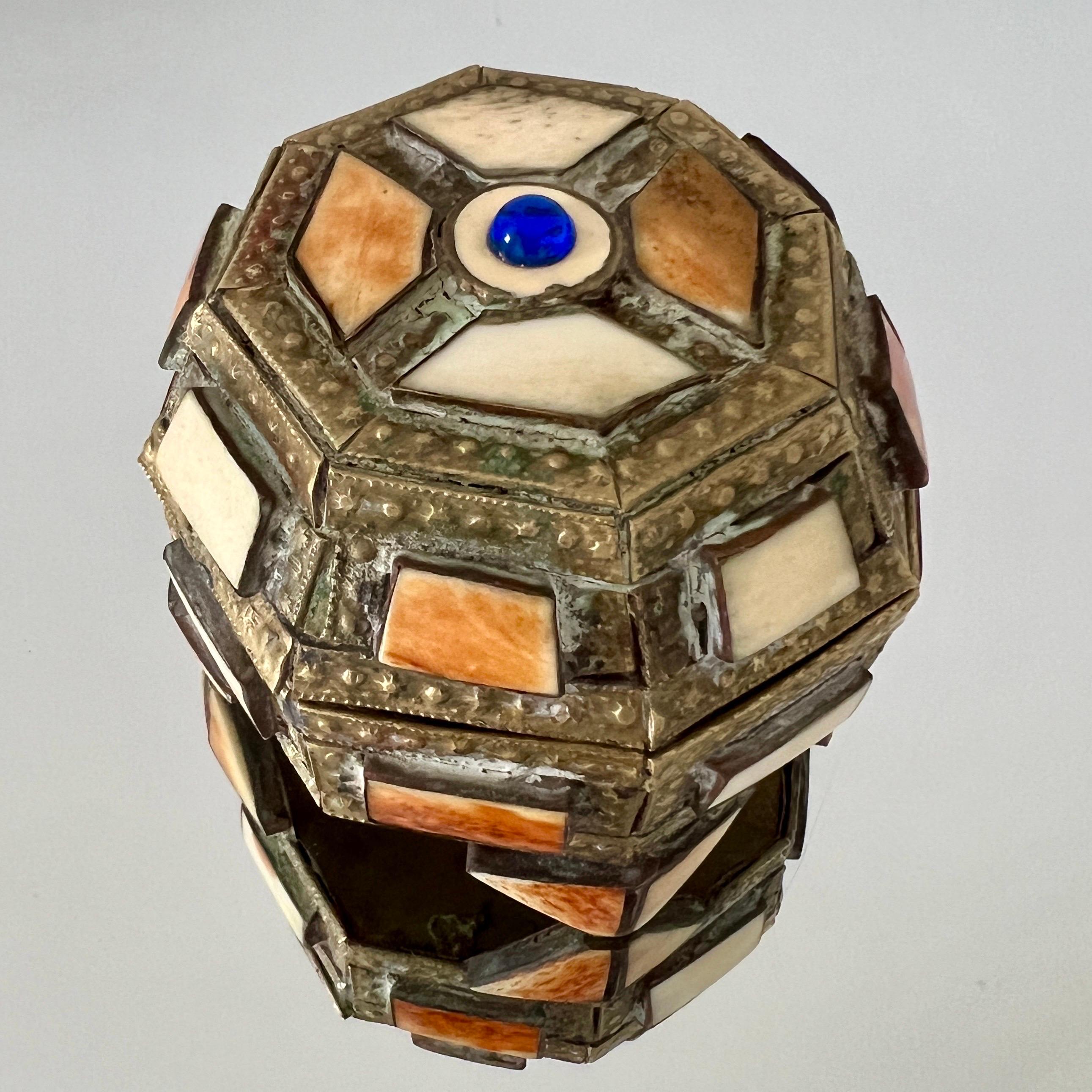Moroccan Geometric Trinket Box in Brass with Bone Inlay, Handcrafted in Morocco, 1970's For Sale