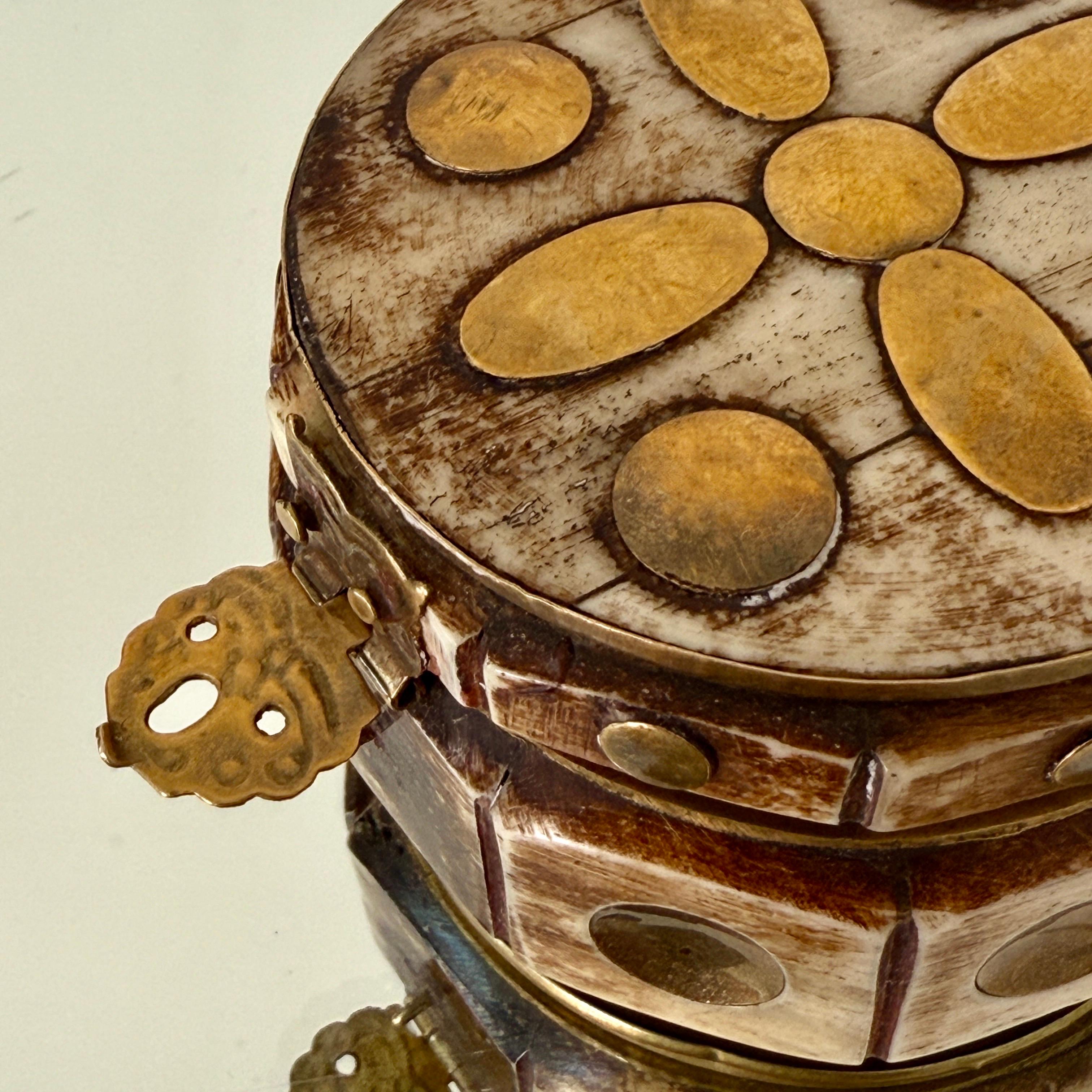 Late 20th Century Geometric Trinket Box in Brass with Bone Inlay, Handcrafted in Morocco, 1970's For Sale