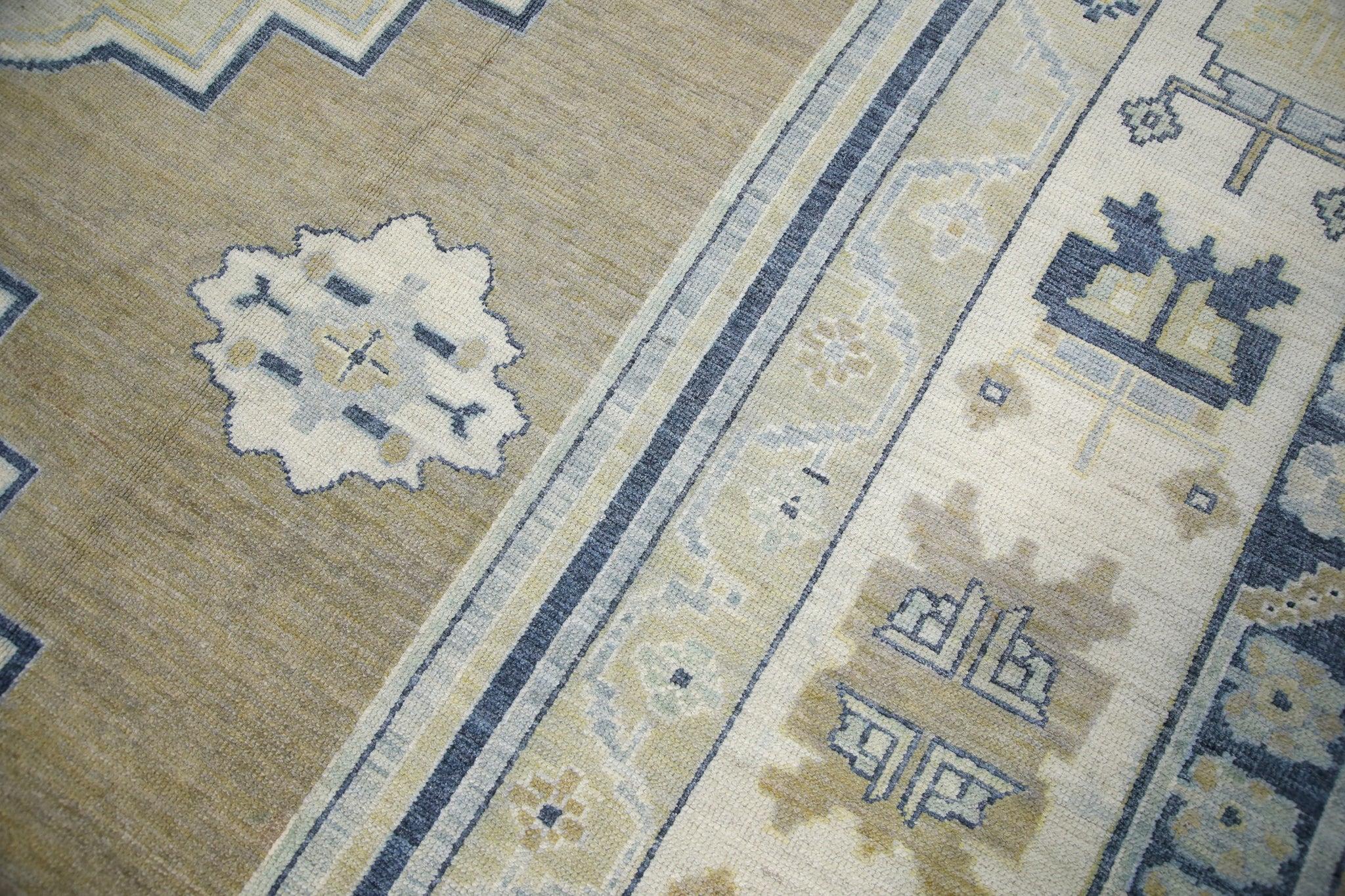 Modern Brown & Blue Geometric Pattern Turkish Finewoven Wool Oushak Rug 12'8
