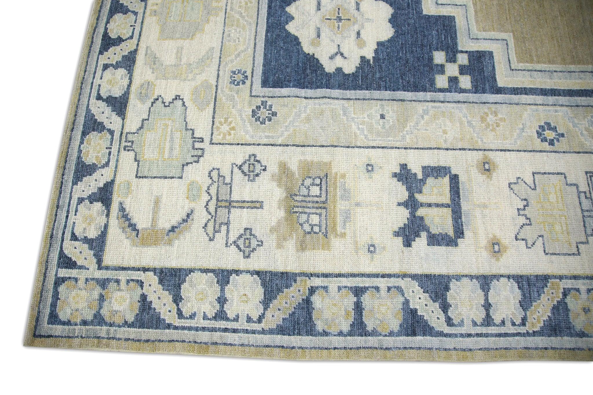 Vegetable Dyed Brown & Blue Geometric Pattern Turkish Finewoven Wool Oushak Rug 12'8