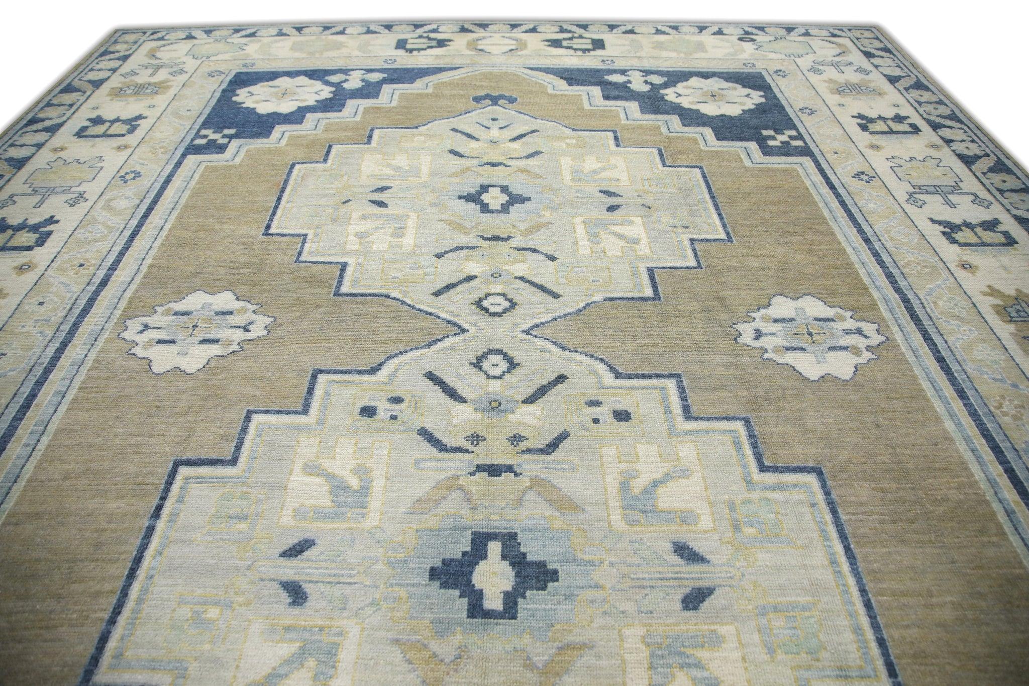 Brown & Blue Geometric Pattern Turkish Finewoven Wool Oushak Rug 12'8