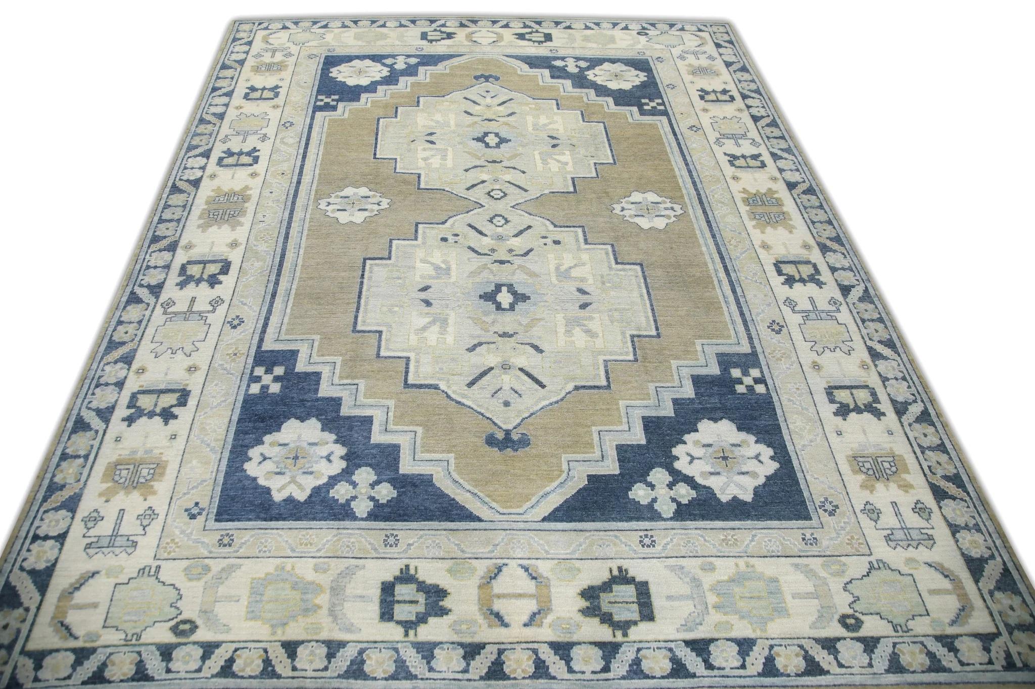 Contemporary Brown & Blue Geometric Pattern Turkish Finewoven Wool Oushak Rug 12'8
