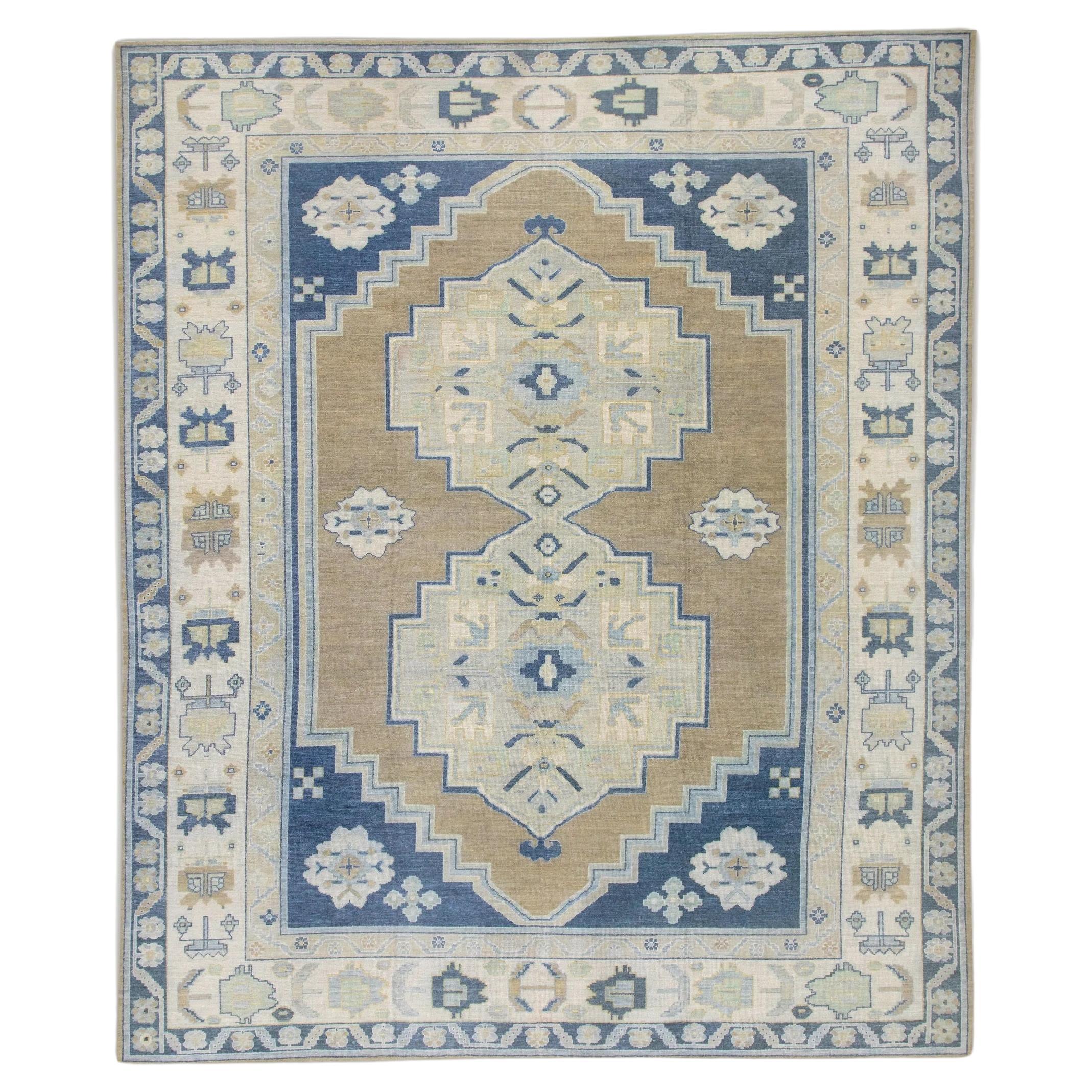 Brown & Blue Geometric Pattern Turkish Finewoven Wool Oushak Rug 12'8" x 15'9" For Sale