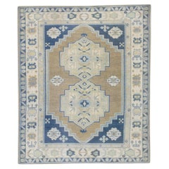 Brown & Blue Geometric Pattern Turkish Finewoven Wool Oushak Rug 12'8" x 15'9"