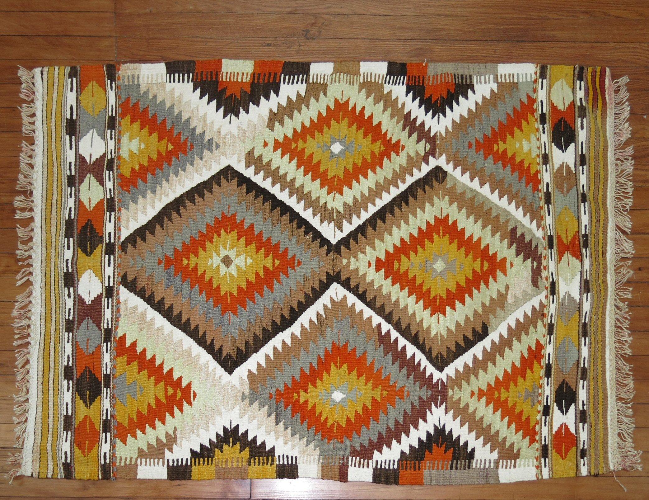 Hand-Knotted Geometric Turkish Kilim Flat-Weave For Sale