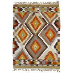 Vintage Geometric Turkish Kilim Flat-Weave