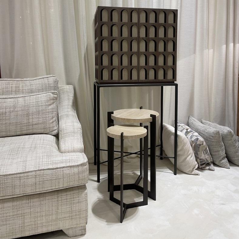 Modern Geometric Two Doors Cabinet in Aged Eucalyptus Wood & Oxidized Brass Structure For Sale