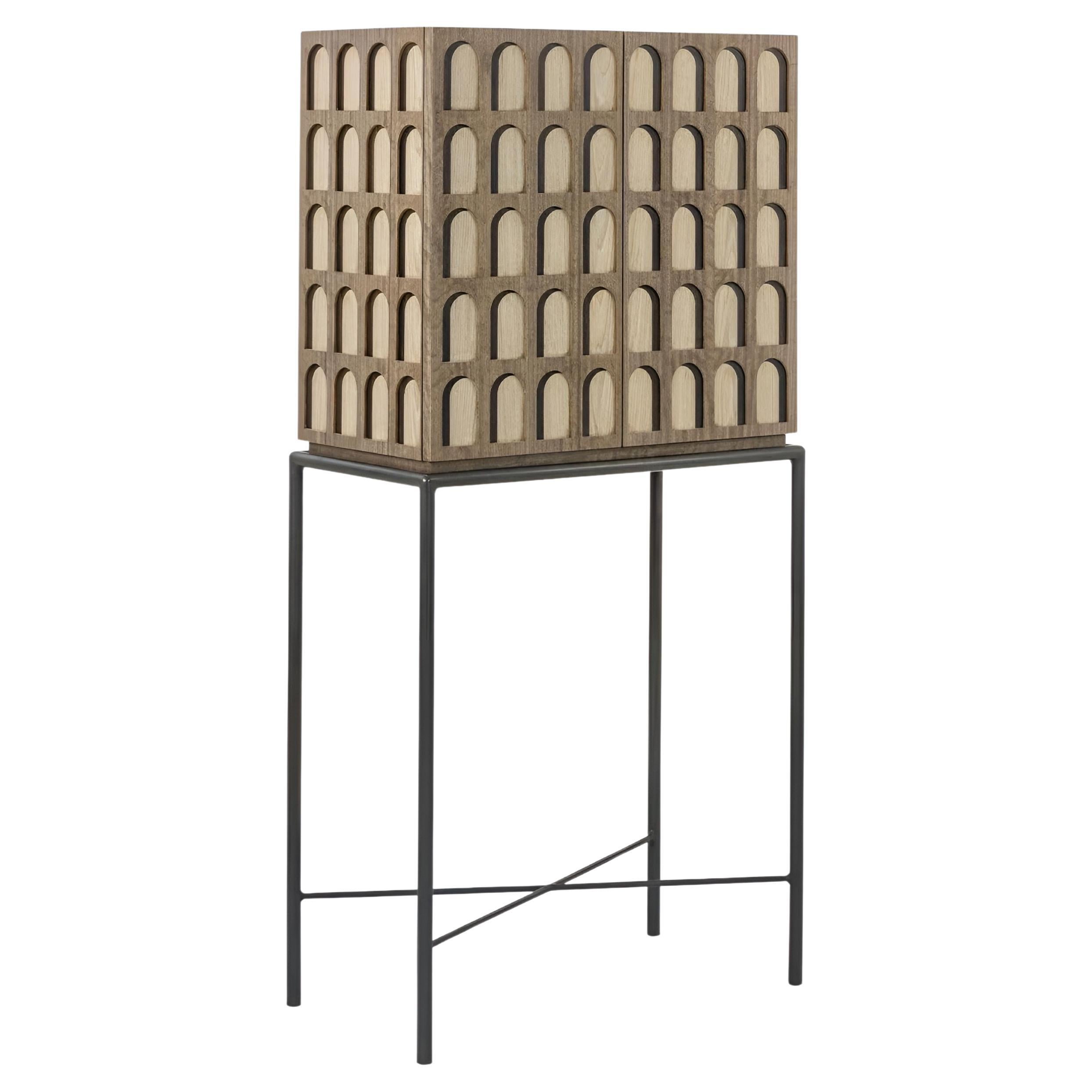 Geometric Two Doors Cabinet in Aged Eucalyptus Wood & Oxidized Brass Structure For Sale