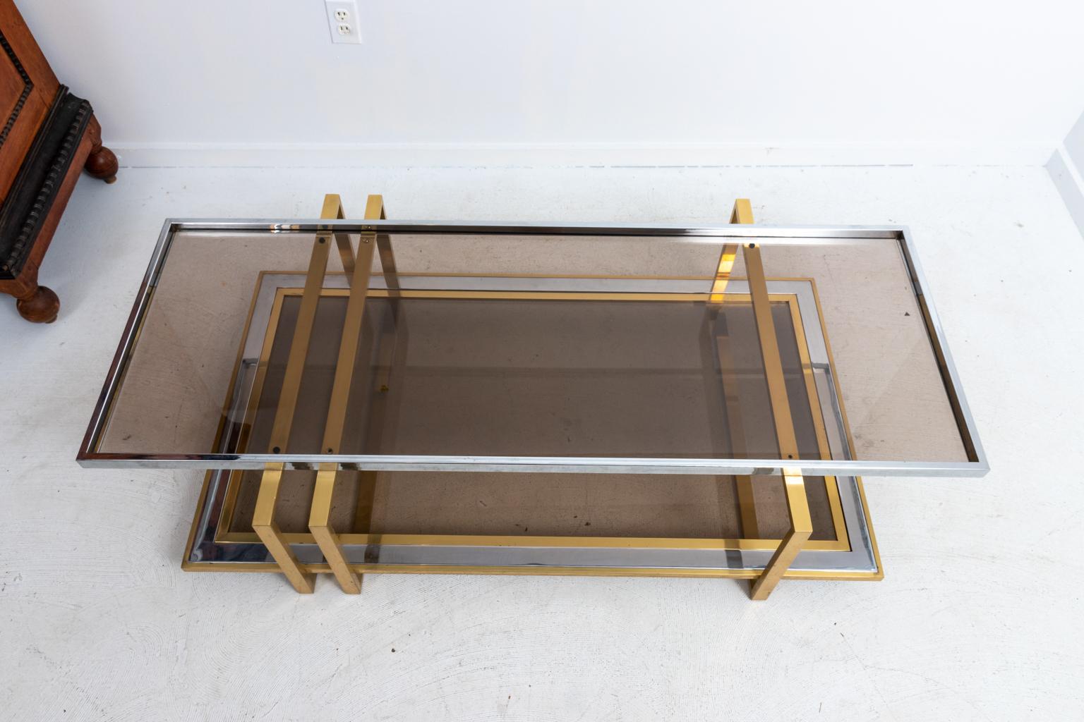 Geometric Two-Tier Brass and Nickel Coffee Table In Good Condition In Stamford, CT
