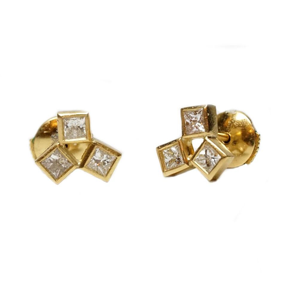 Contemporary Geometric Unique Set, 18 Karat Gold 3 Diamond Earrings and 9 Diamonds Pendant
