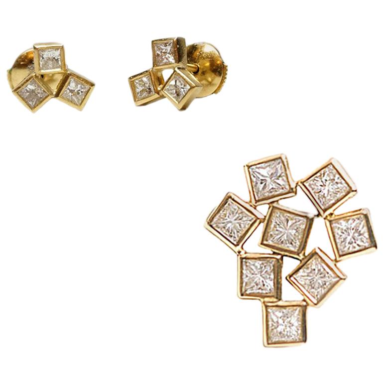 Geometric Unique Set, 18 Karat Gold 3 Diamond Earrings and 9 Diamonds Pendant